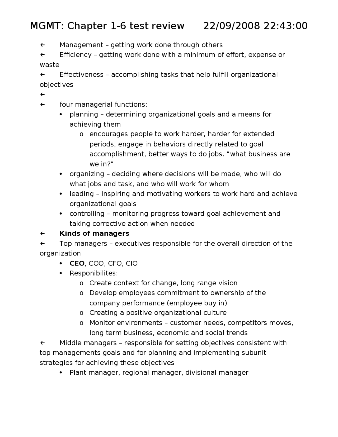 Test 1 Review Sheet for Management Theory and Leadership | MGT 3304 ...