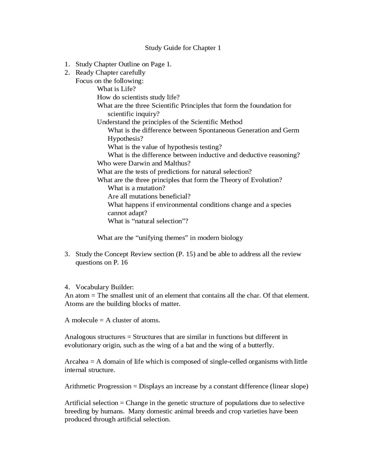 Study Guide for Life - Principles of Biology | BIOL 1105 - Docsity