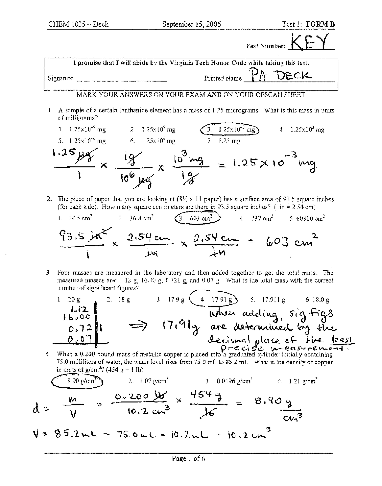 General Chemistry - Answers for Test 1 Form B | CHEM 1035 | Exams ...