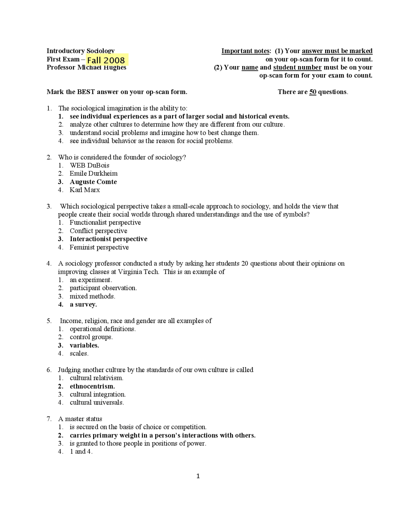 Introductory Sociology Exam 1 with Correct Answers SOC 1004 Docsity