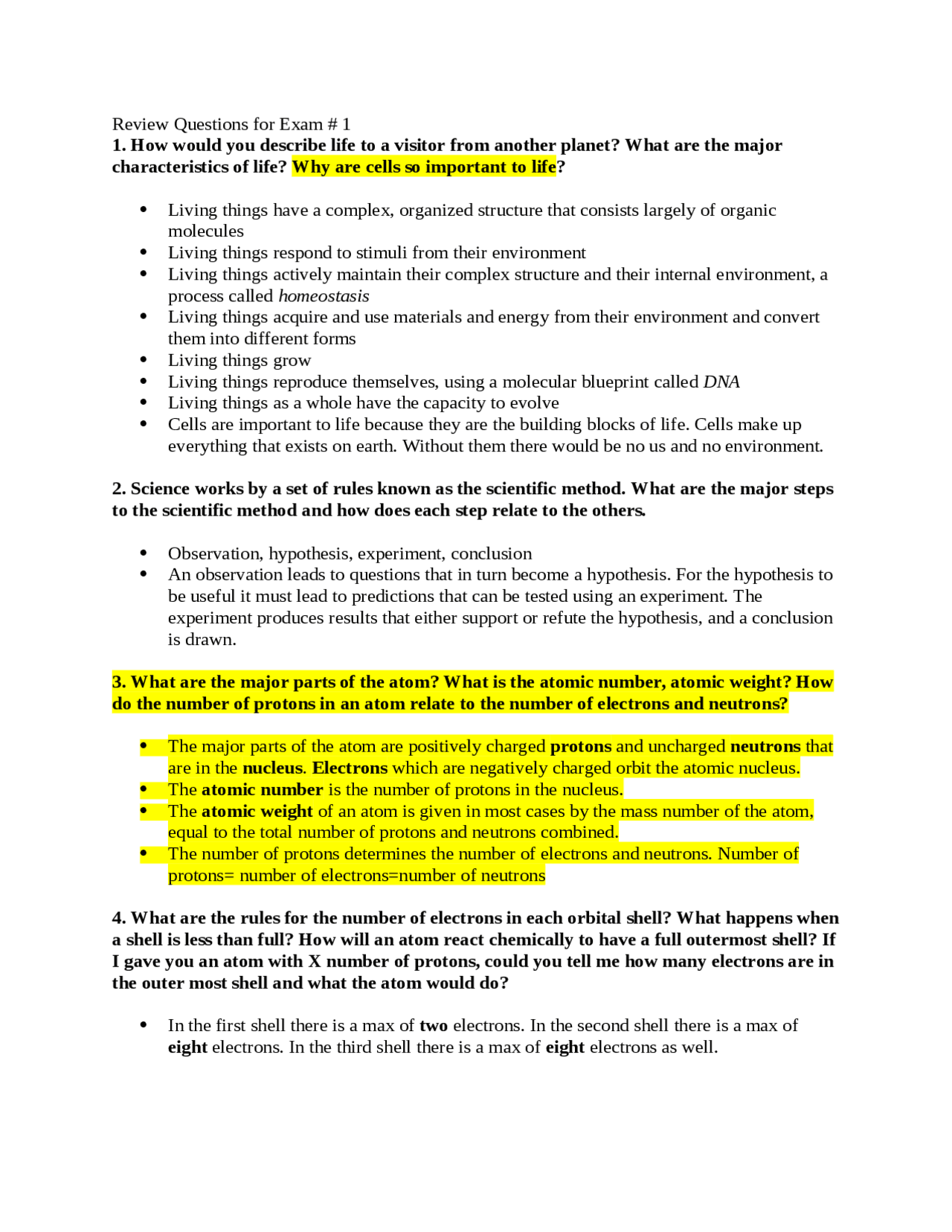 Review Questions for Exam 1 - General Biology | BIOL 1005 - Docsity