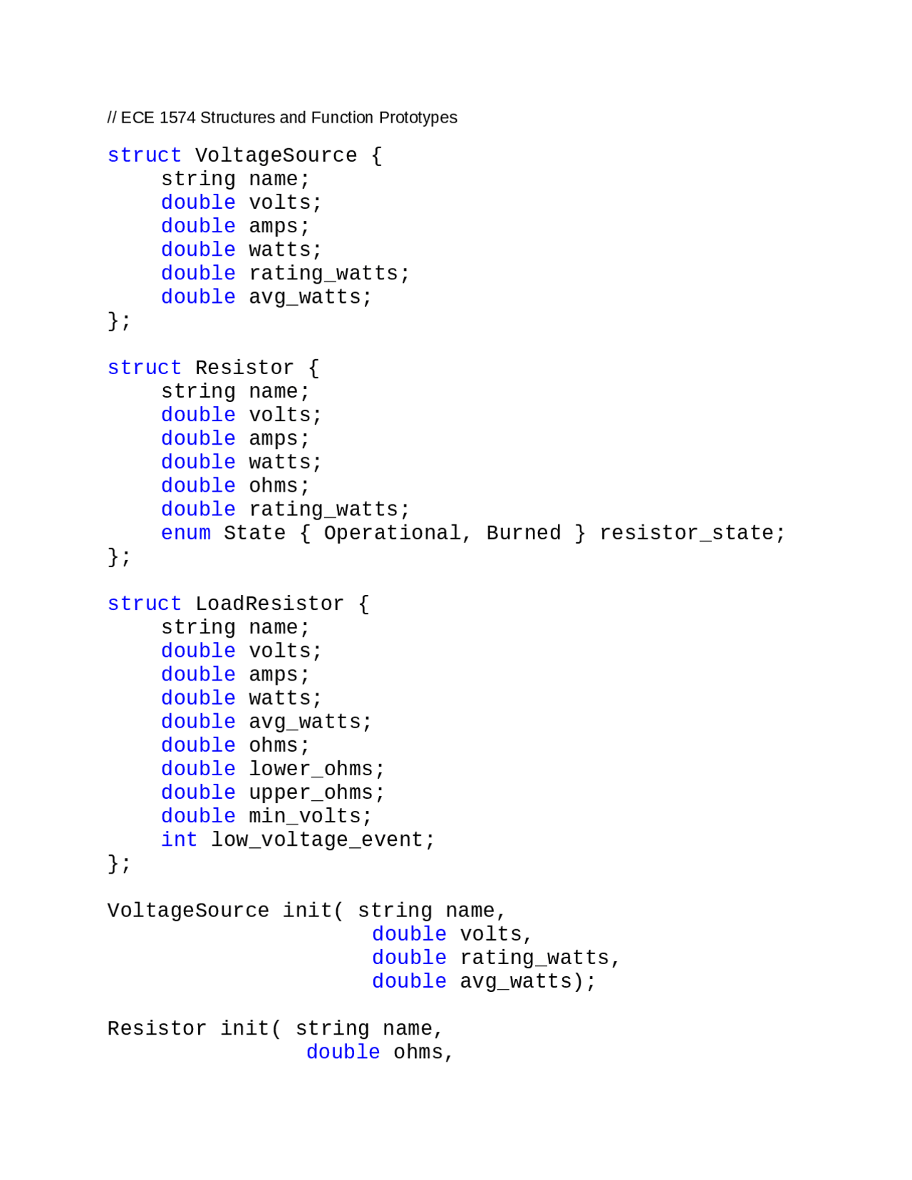 Structures & Function Prototypes for Voltage Sources, Resistors, & Load ...