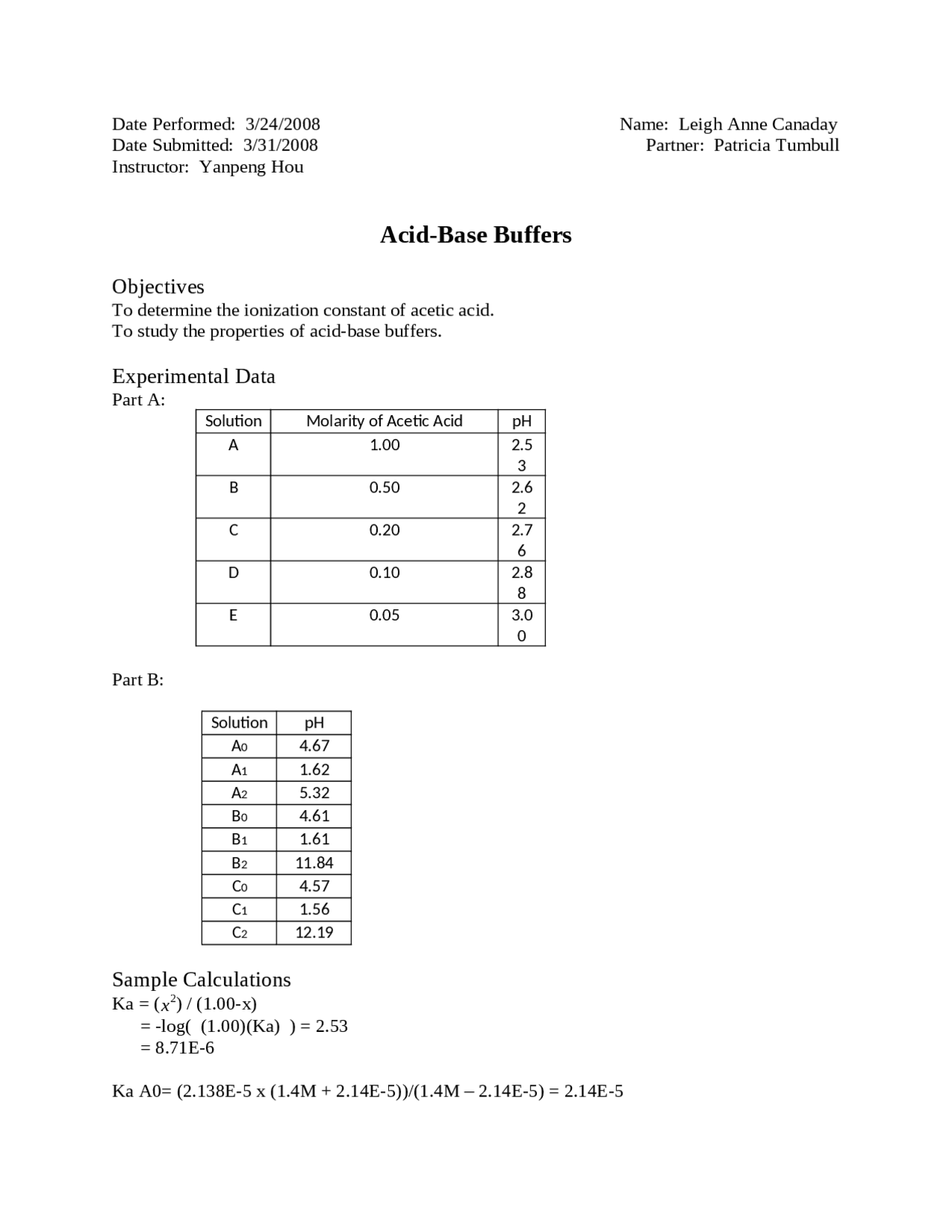 Acid Base Buffers Lab Experiment 3 General Biology BIOL 1005