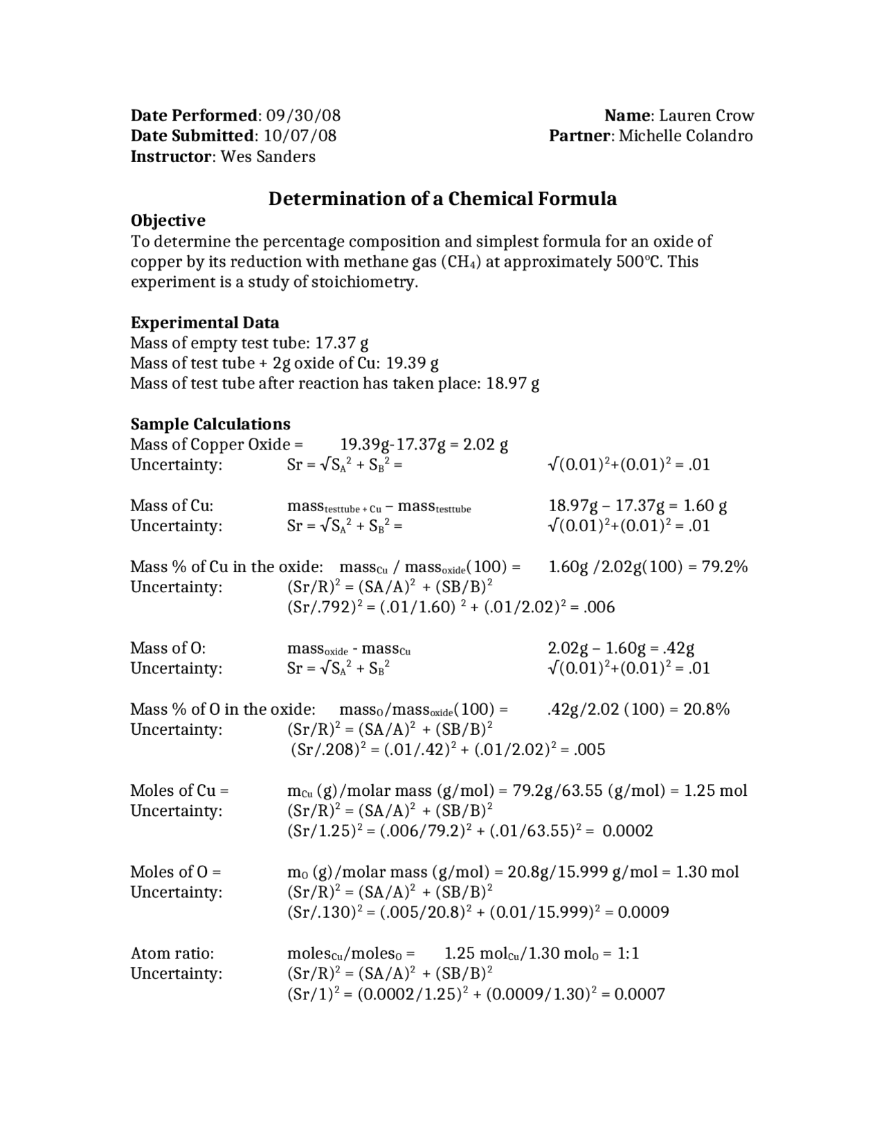 Determination of Chemical Formula Lab Report - General Chemistry | CHEM ...