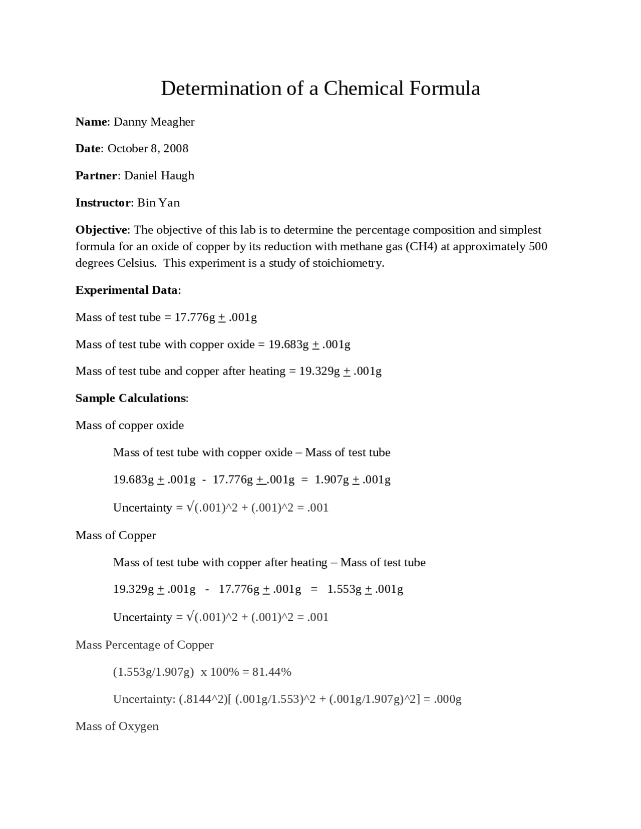 Determination of Chemical Formula - General Chemistry Lab | CHEM 1045 ...