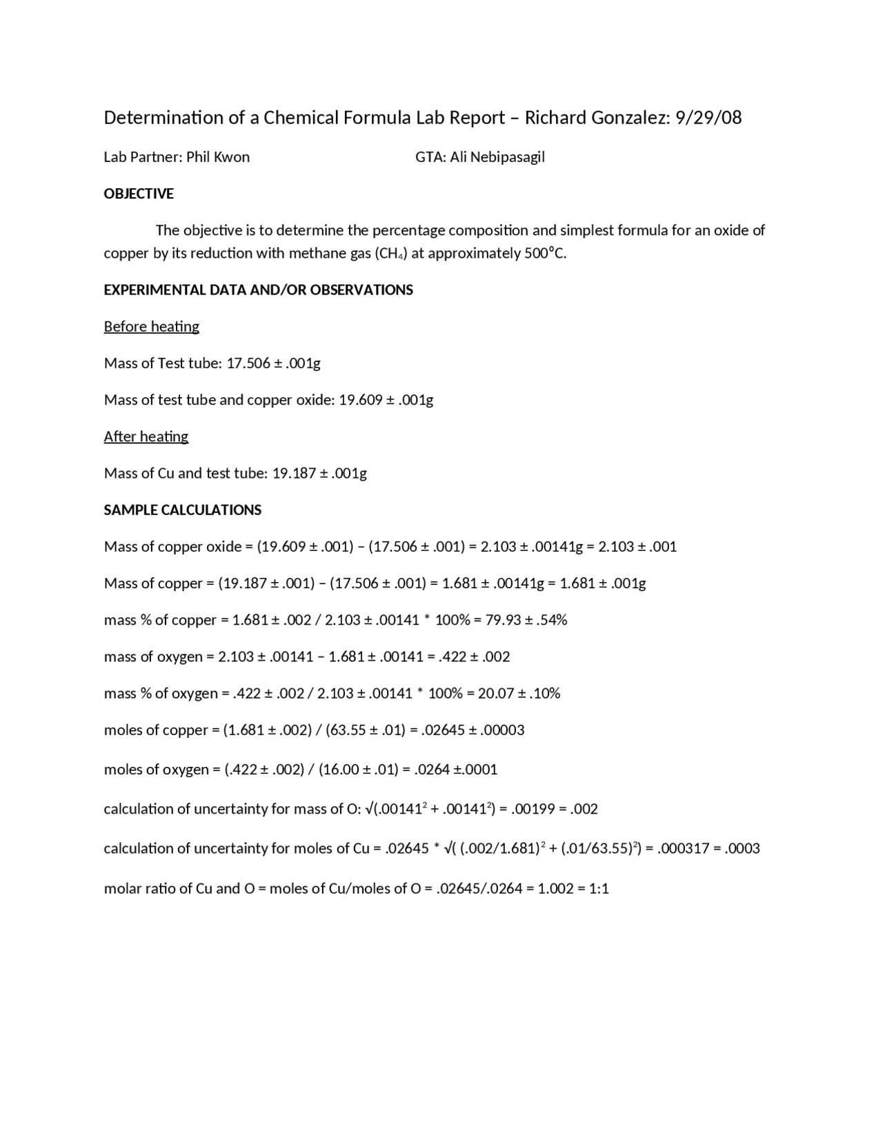 Lab Report Determination for Chemical Formula CHEM 1045 Docsity