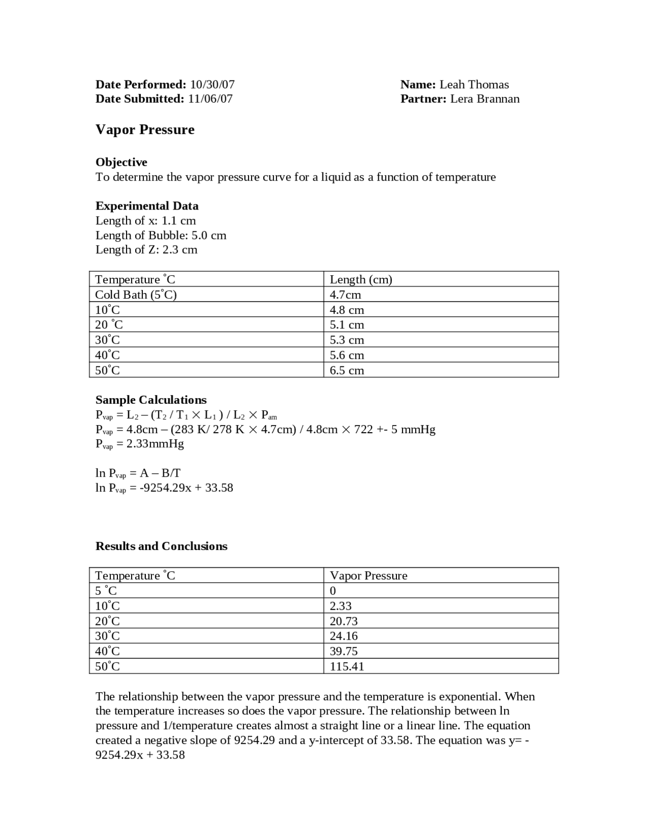 Vapor Pressure Lab Report Results General Chemistry Laboratory