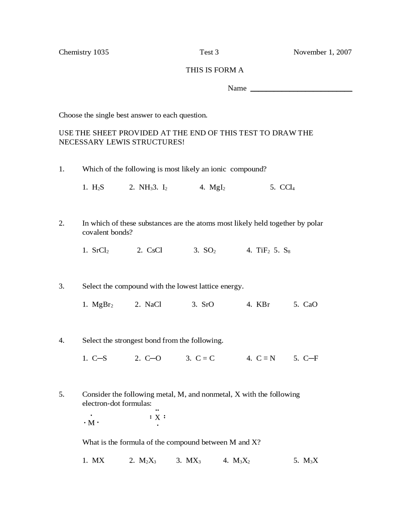 Questions for Test 3 - General Chemistry | CHEM 1035 - Docsity