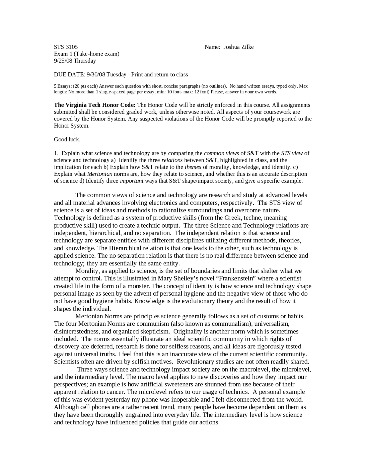 Take Home Exam 1 | Science and Technology in Modern Society | STS 3105 ...
