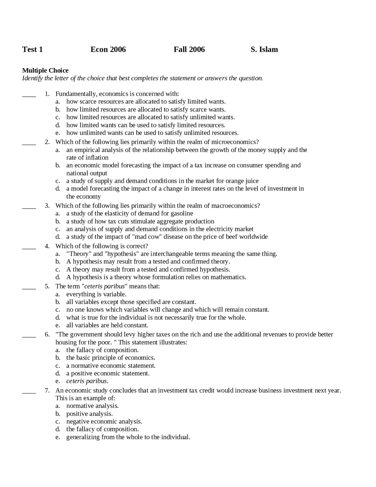 Principles of Economics Test 1 with Answers | ECON 2006 - Docsity