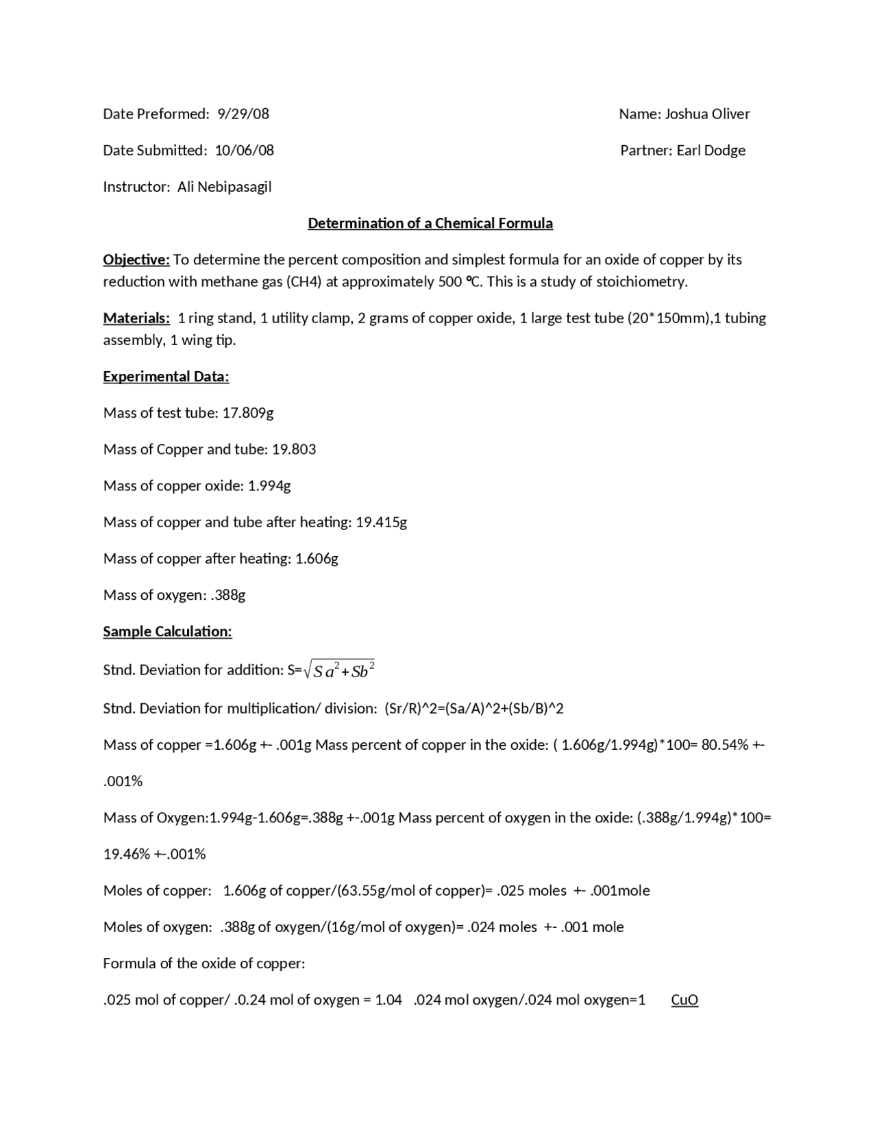 Determination of the Empirical Formula for Copper Oxide - Prof ...