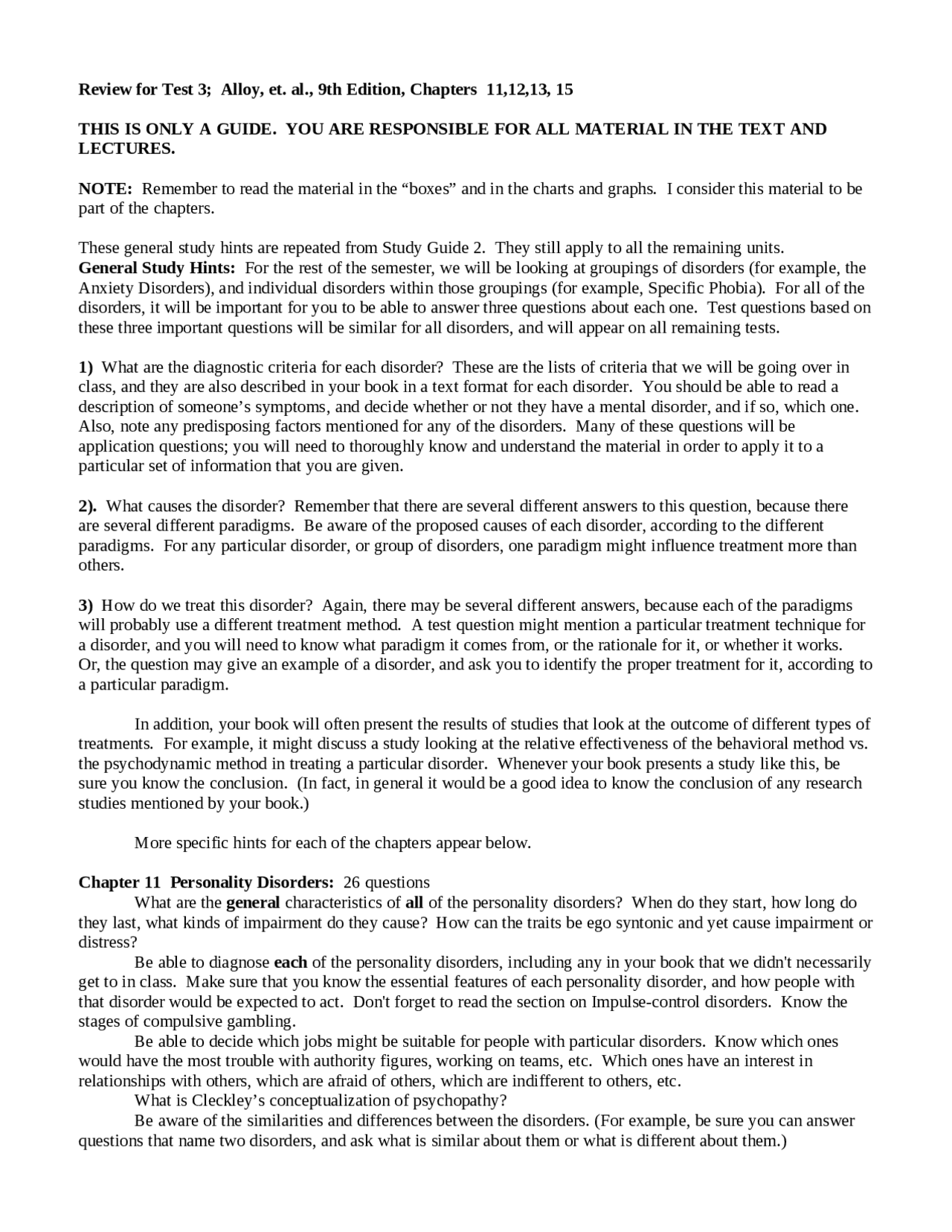 Review for Test 3 | Abnormal Psychology | PSYC 335 | Study notes ...