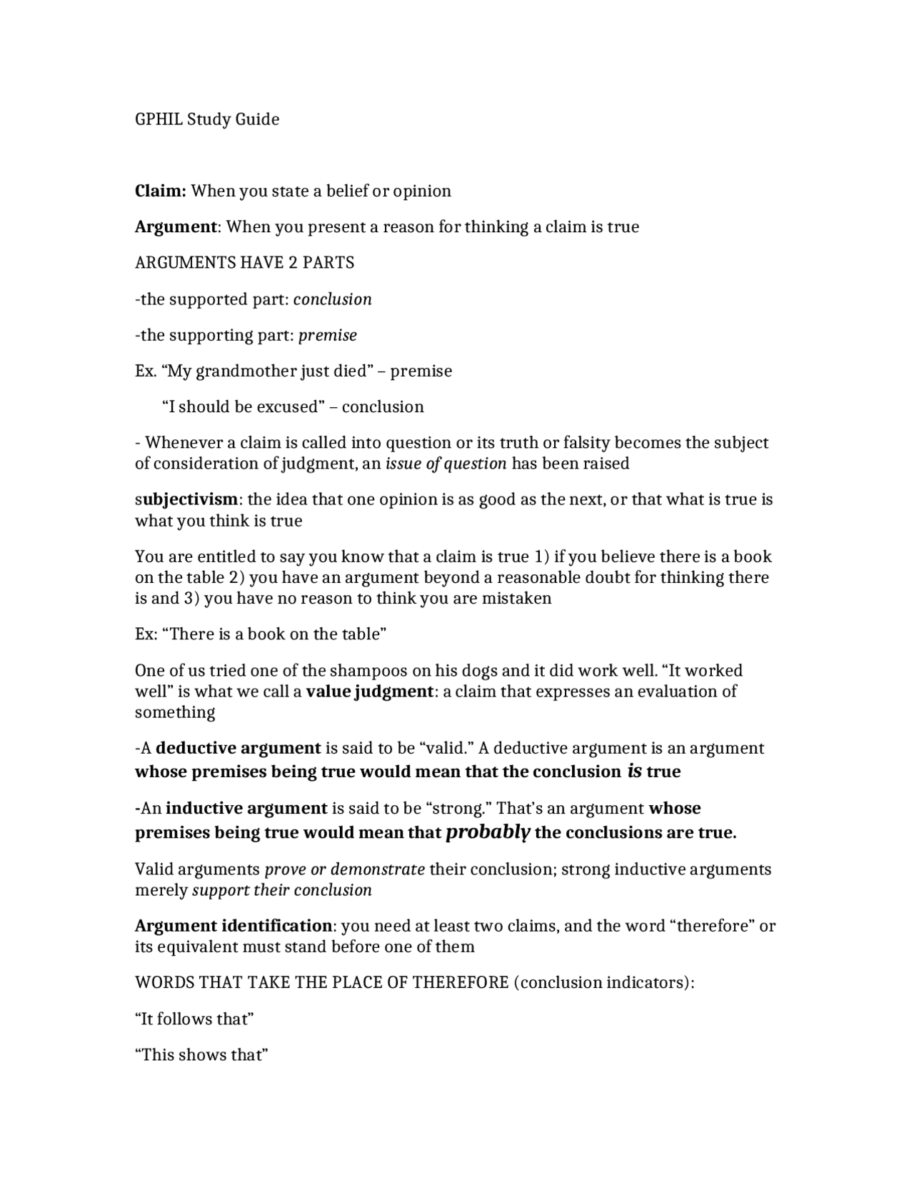 Study Guide for Exam - Critical Thinking | GPHIL 120 - Docsity