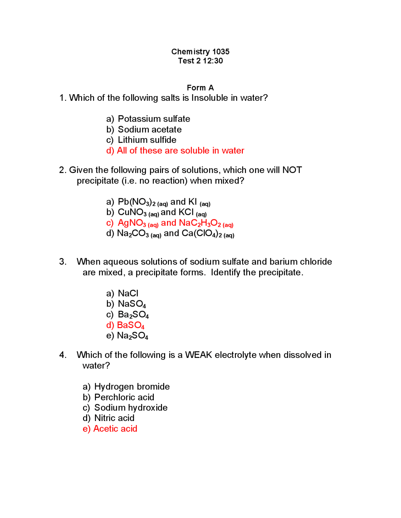General Chemistry - Solved Exam 2 | CHEM 1035 - Docsity