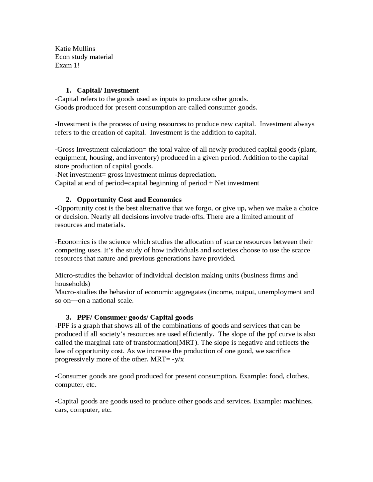 Study Guide for Exam 1 - Principles of Economics | ECON 2006 - Docsity