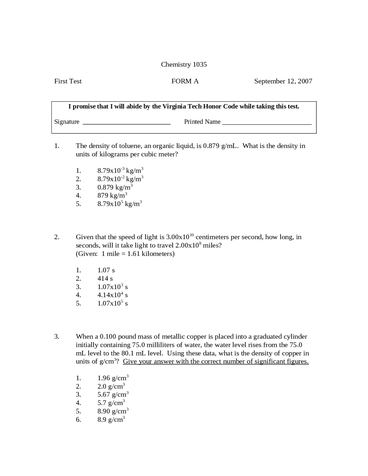 General Chemistry - Practice Exam 1 Form A | CHEM 1035 - Docsity
