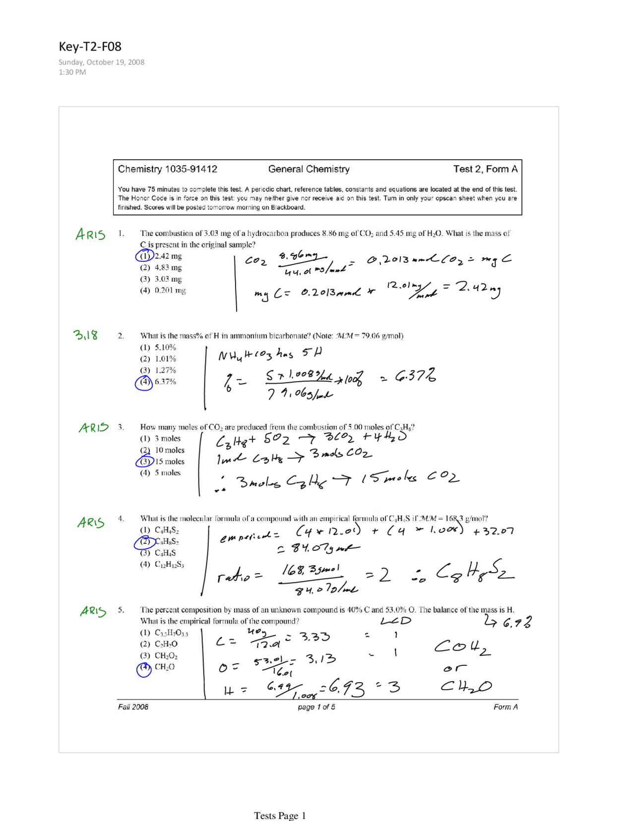 Test 2 Solution Key - General Chemistry - Fall 2008 | CHEM 1035 - Docsity
