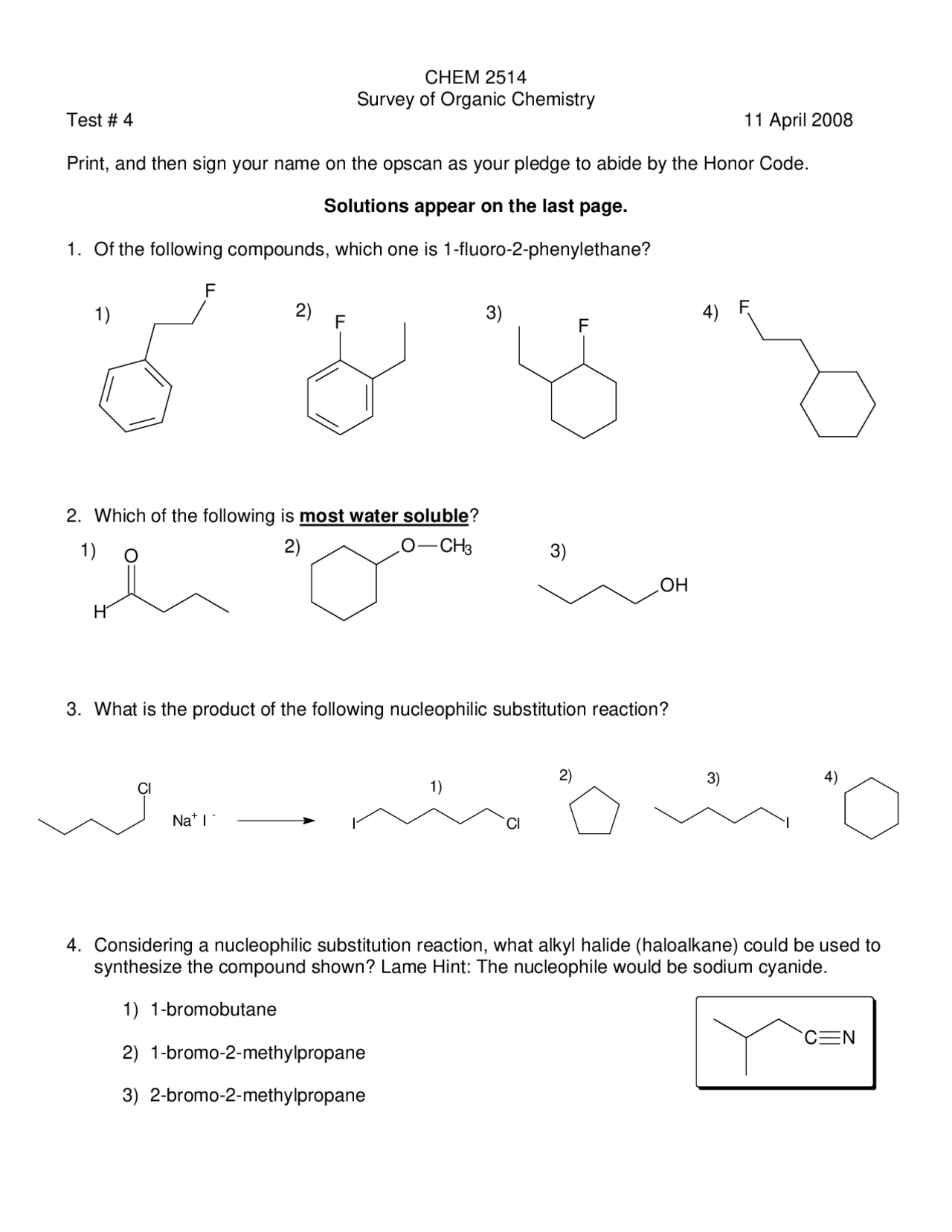 Survey of Organic Chemistry Test with Solutions CHEM 2514 Docsity