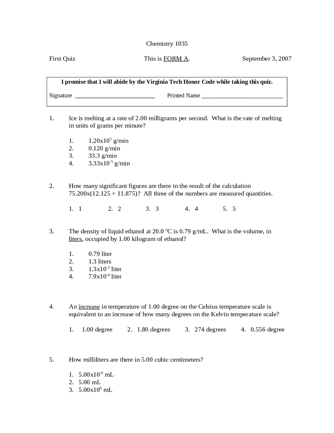 First Quiz, Form A - General Chemistry | CHEM 1035 - Docsity