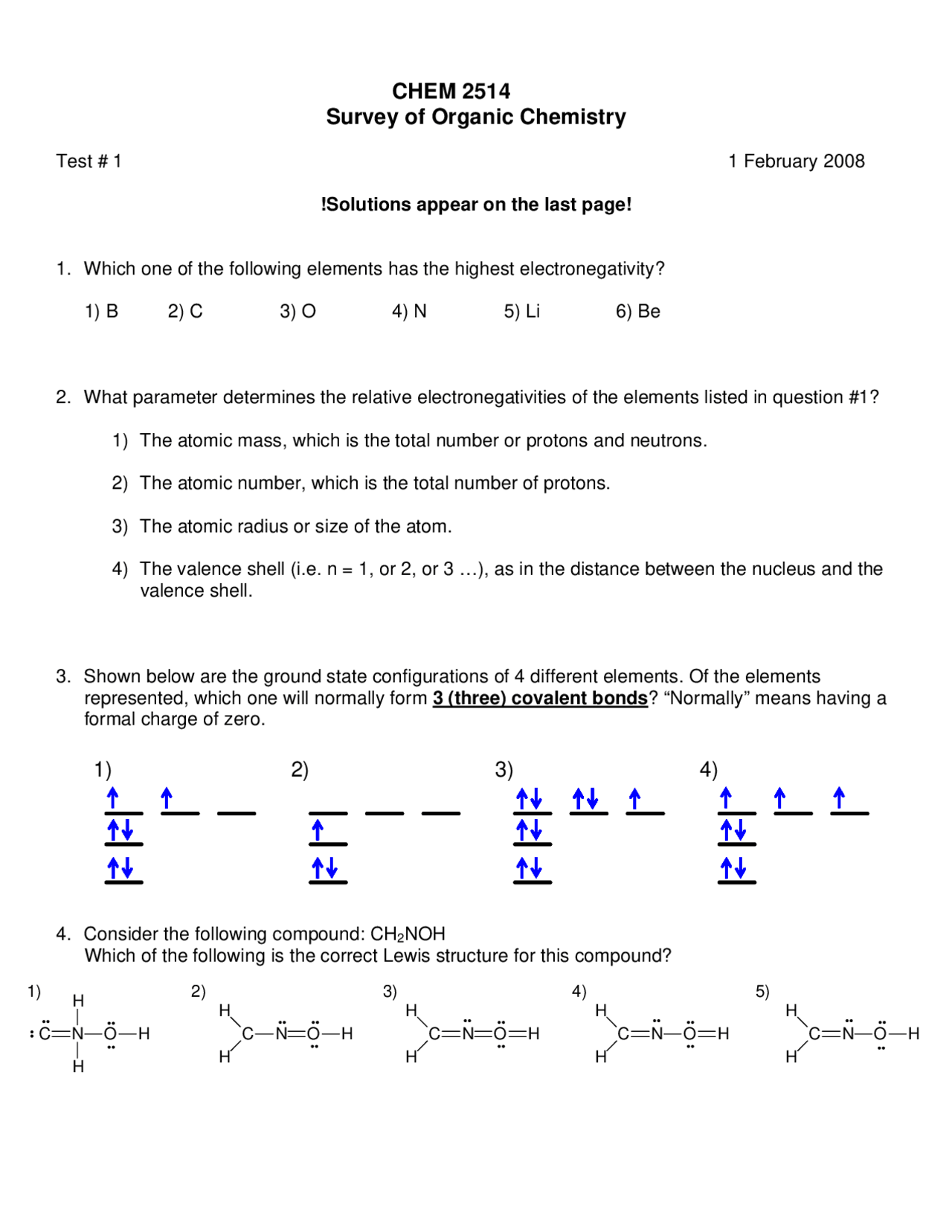 Solved Test 1 for Survey of Organic Chemistry CHEM 2514 Exams Organic Chemistry Docsity