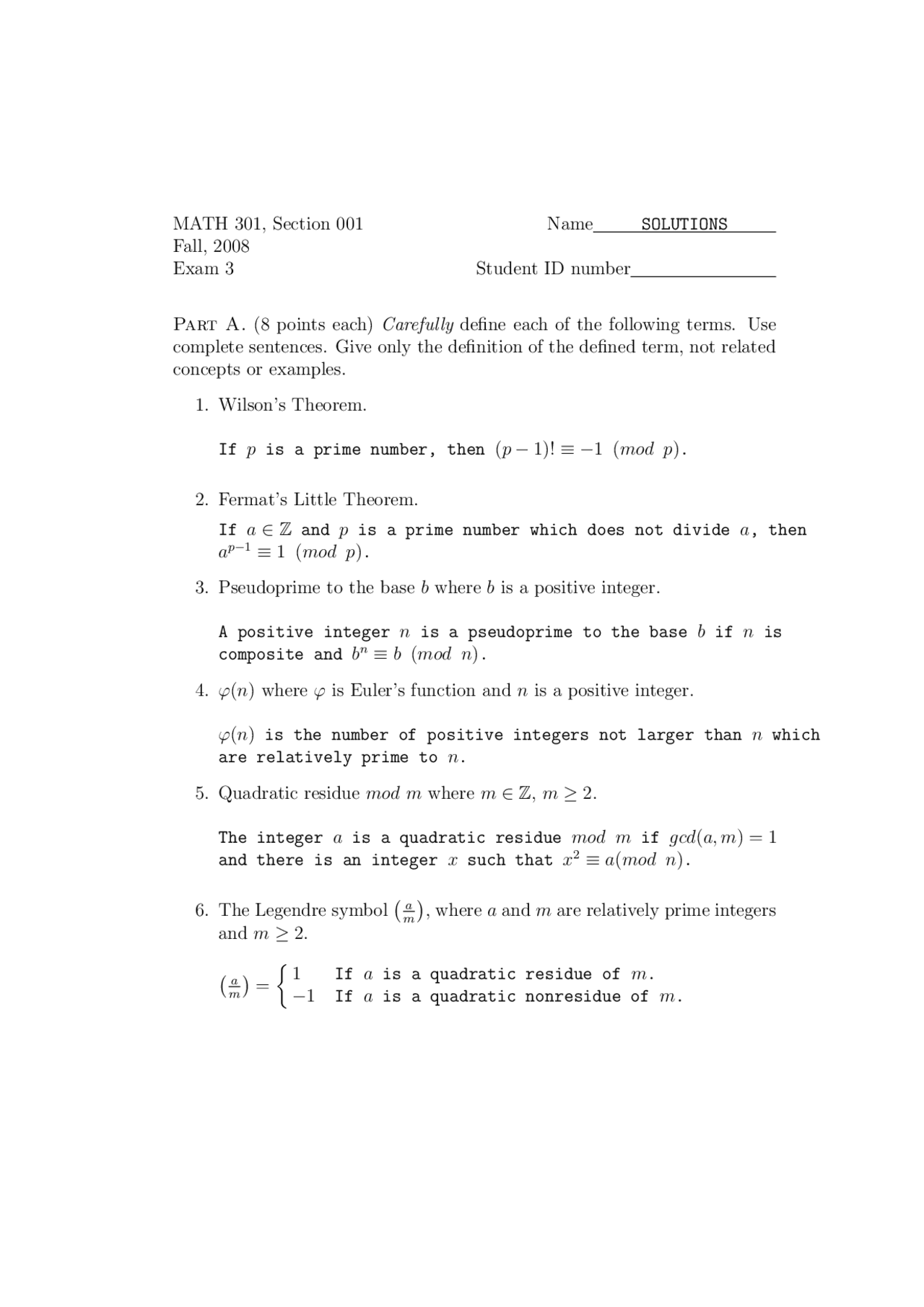 Exam 3 on Number Theory with Solutions - Fall 2008 | MATH 301 - Docsity