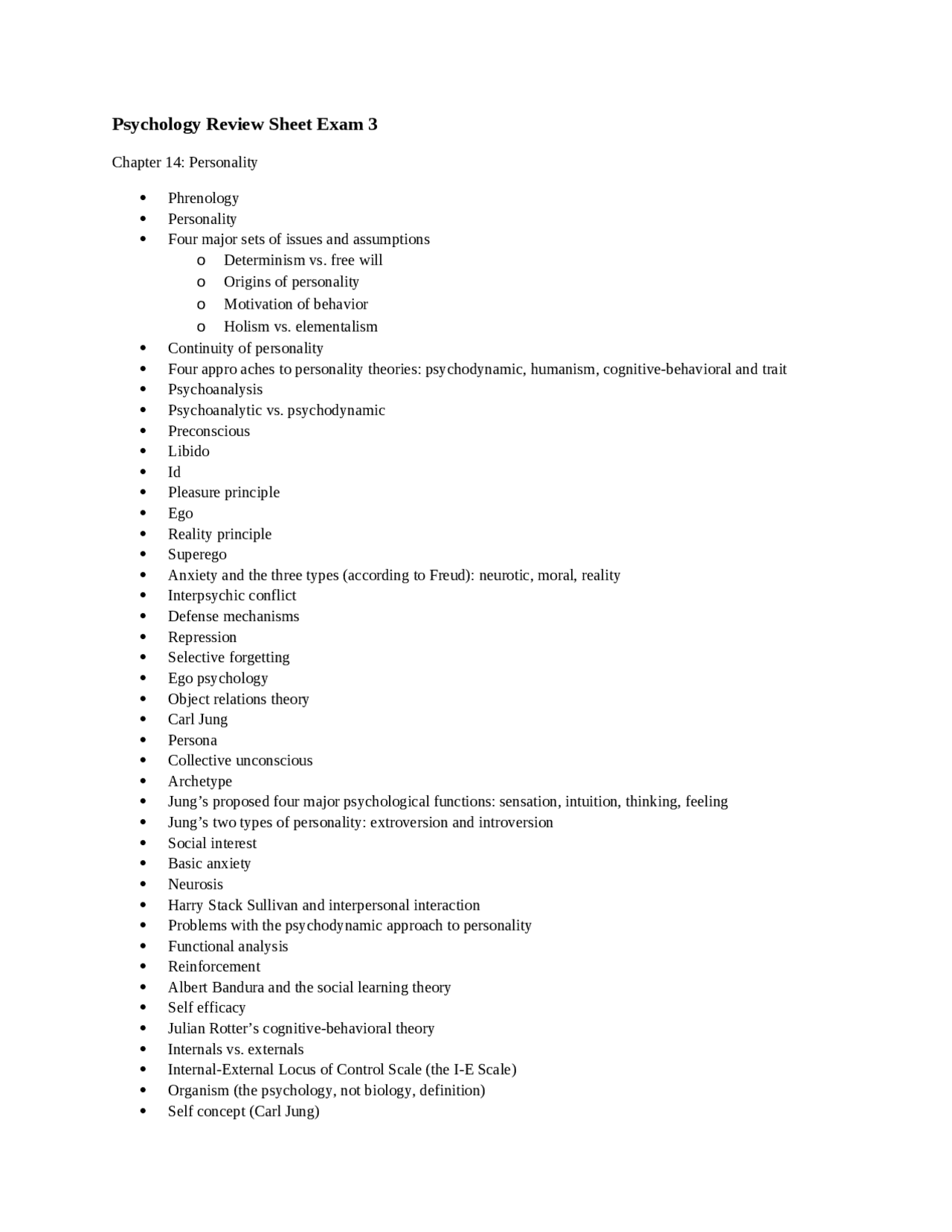Introduction to Phycology - Exam 3 Review Sheet | PSYC 100 - Docsity