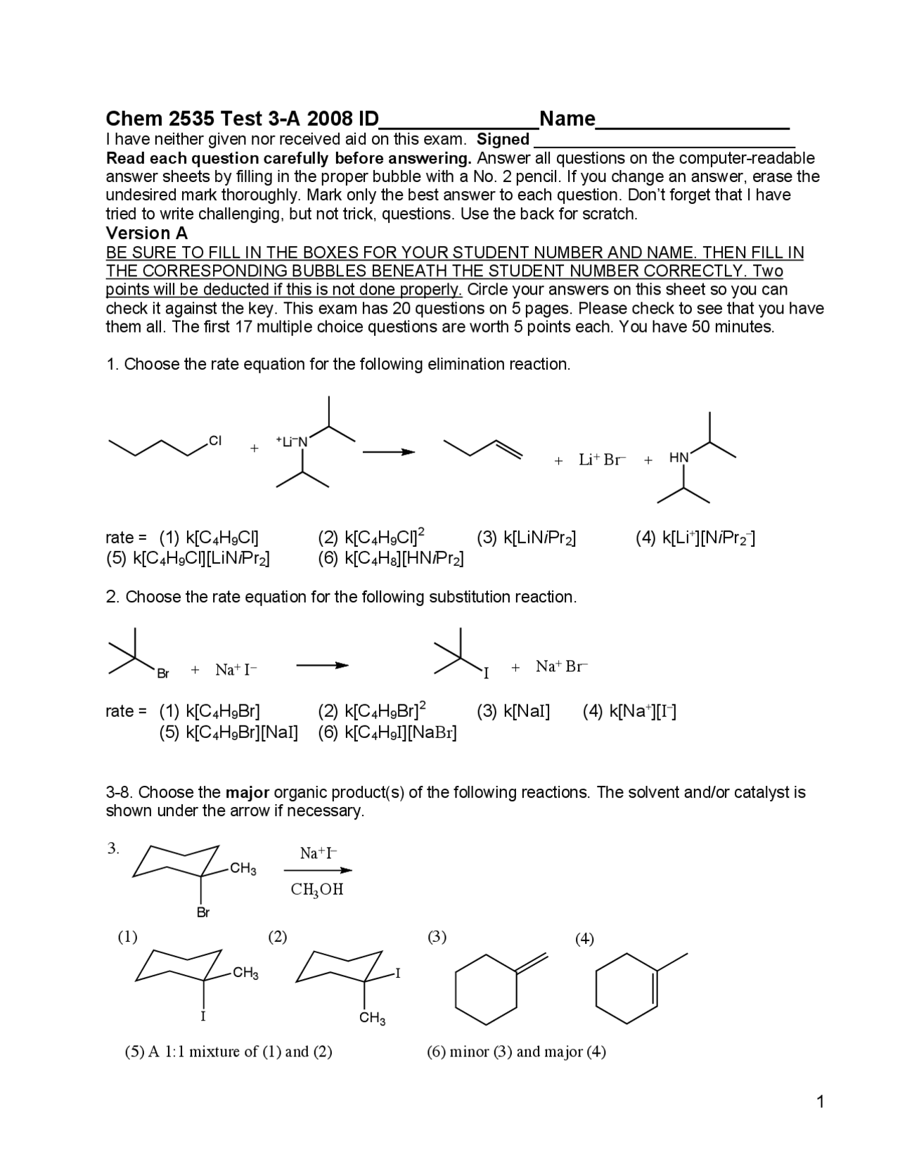 Organic Chemistry Practice Exam 3 Form A Chem 2535 Docsity