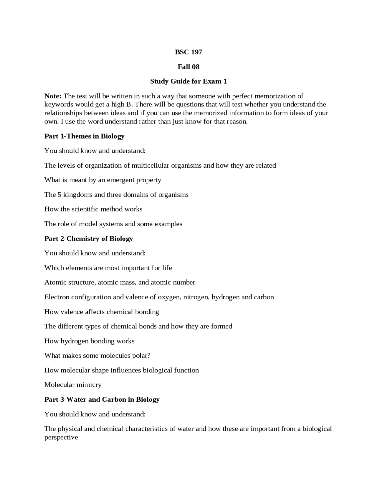 Study Guide for Exam 1 - Molecular and Cellular Basis of Life | BSC 197 ...
