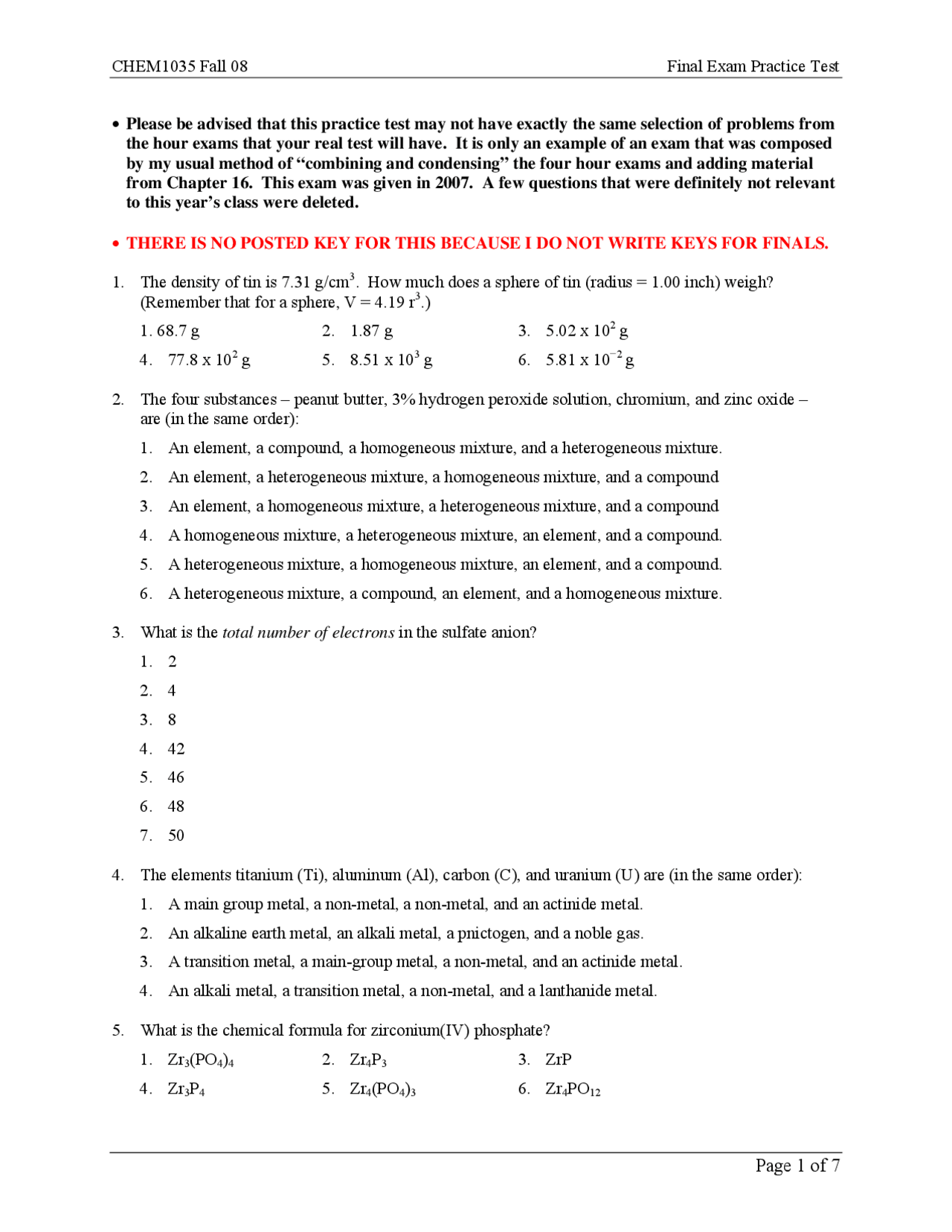 Final Exam Practice Test for General Chemistry - Fall 2008 | CHEM 1035 ...