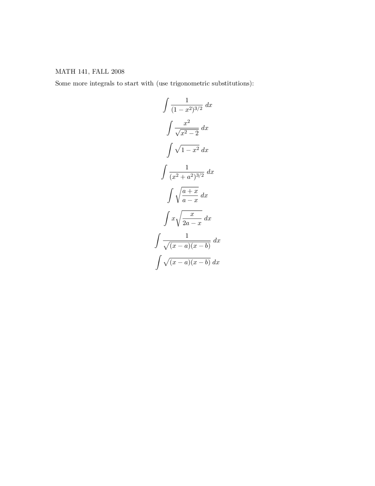 Practice Integrals - Calculus II | MATH 141 - Docsity
