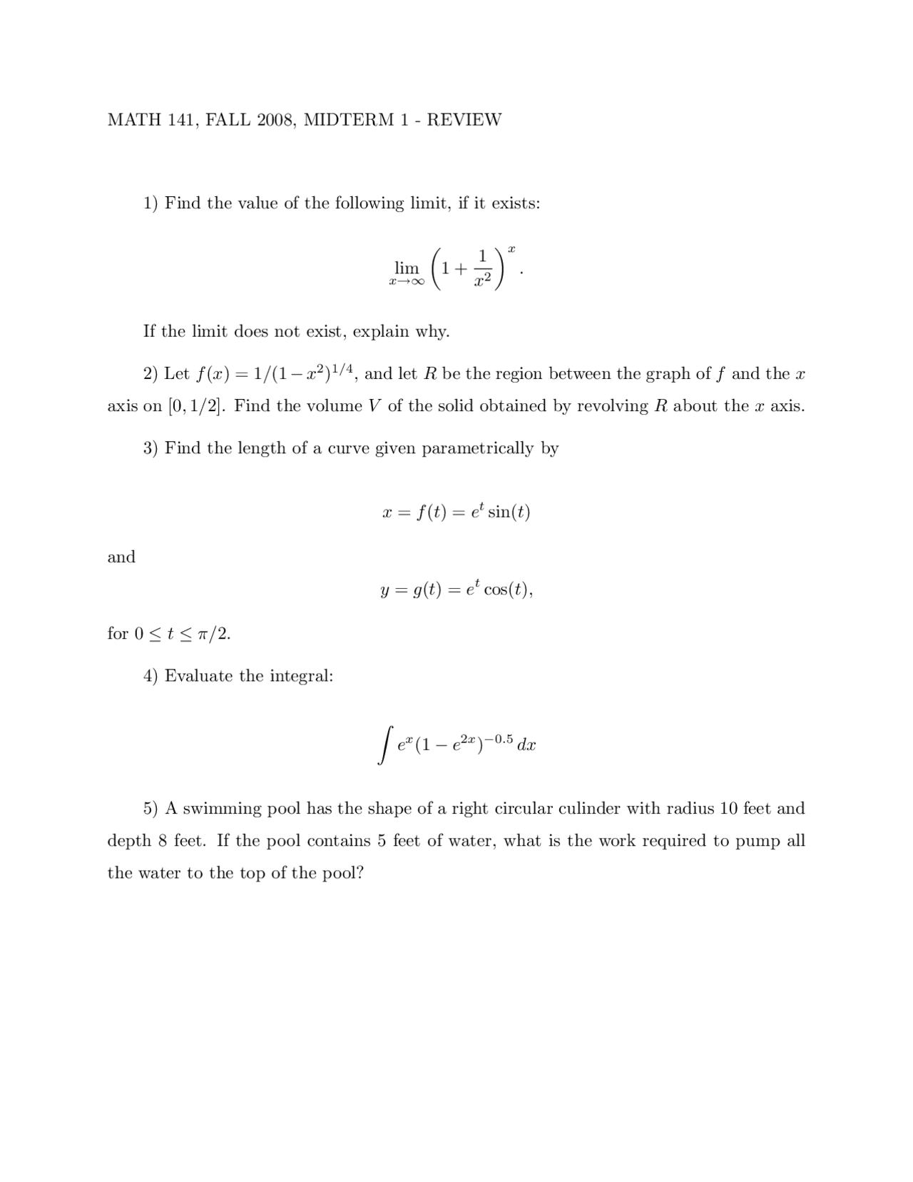 Review Sheet for Midterm Exam 1 - Calculus II | MATH 141 | Exams ...