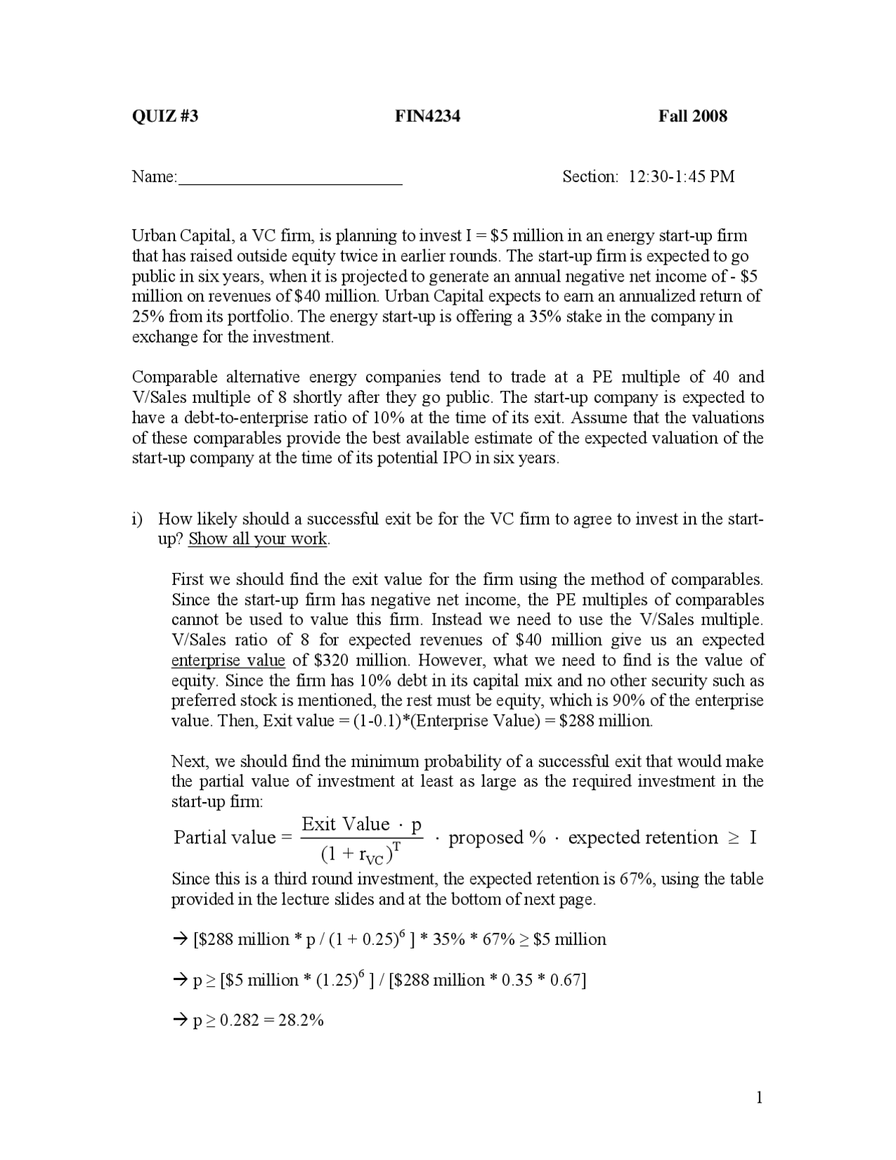 Venture Capital and Investment Banking Quiz With Answers | FIN 4234 ...