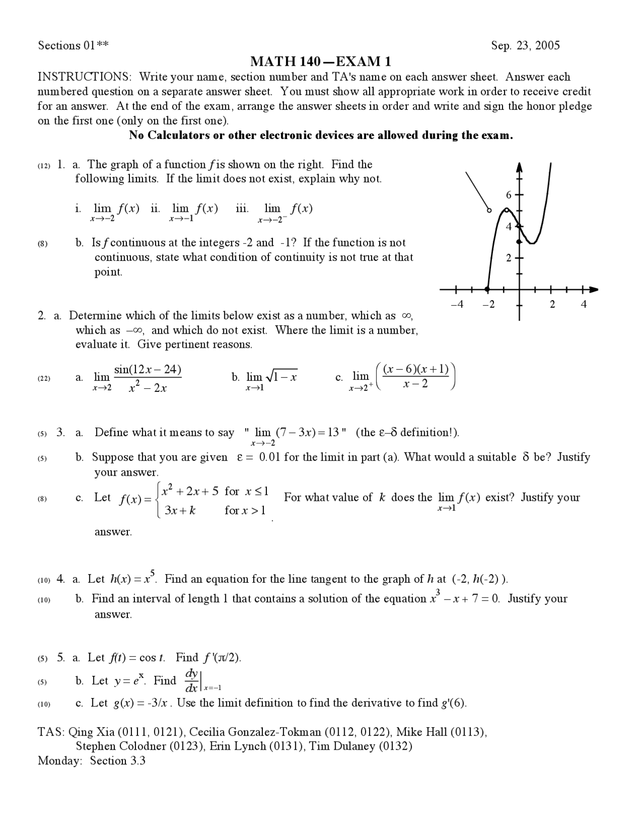 Calculus I - Questions only, Exam Paper | MATH 140 - Docsity