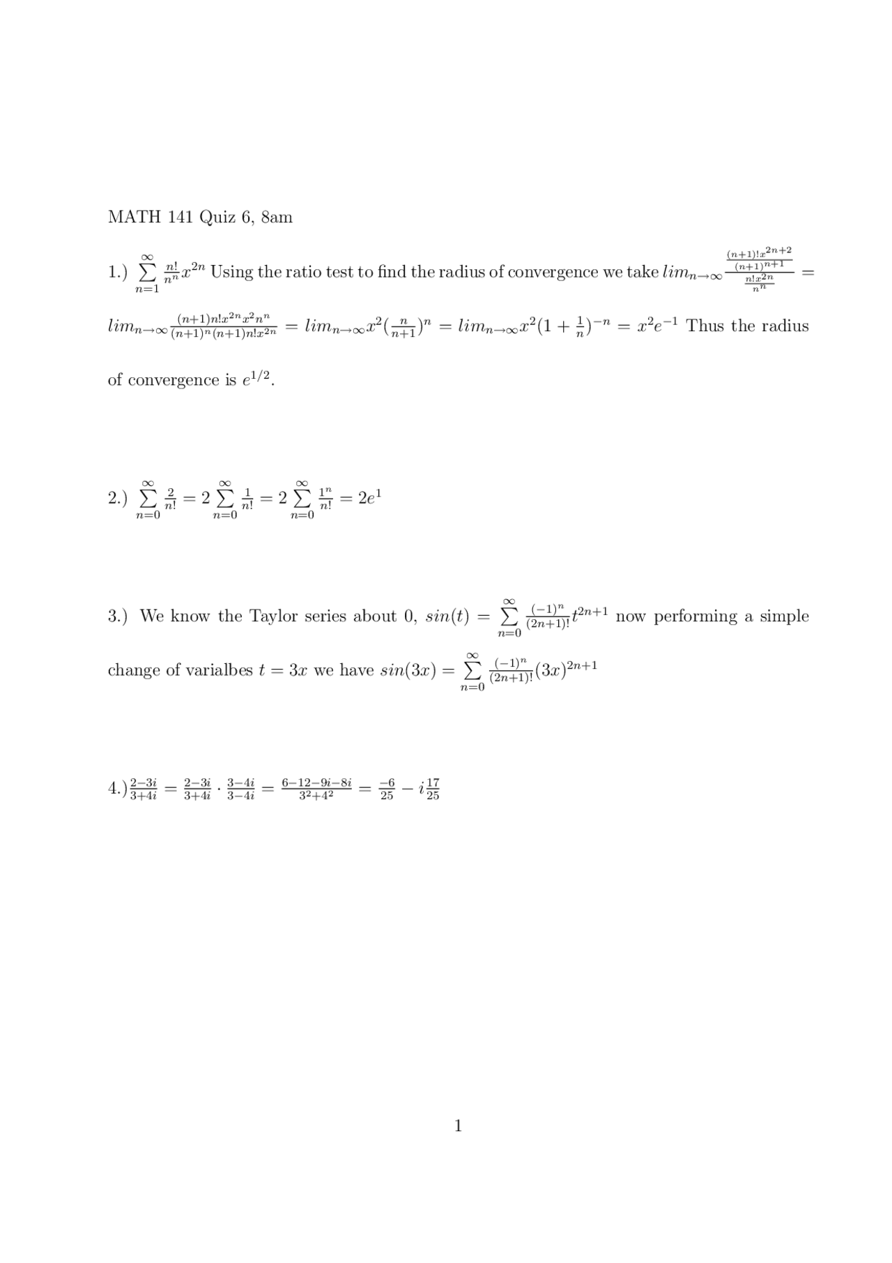 Resolution of Quiz 6 on Calculus II | MATH 141 - Docsity