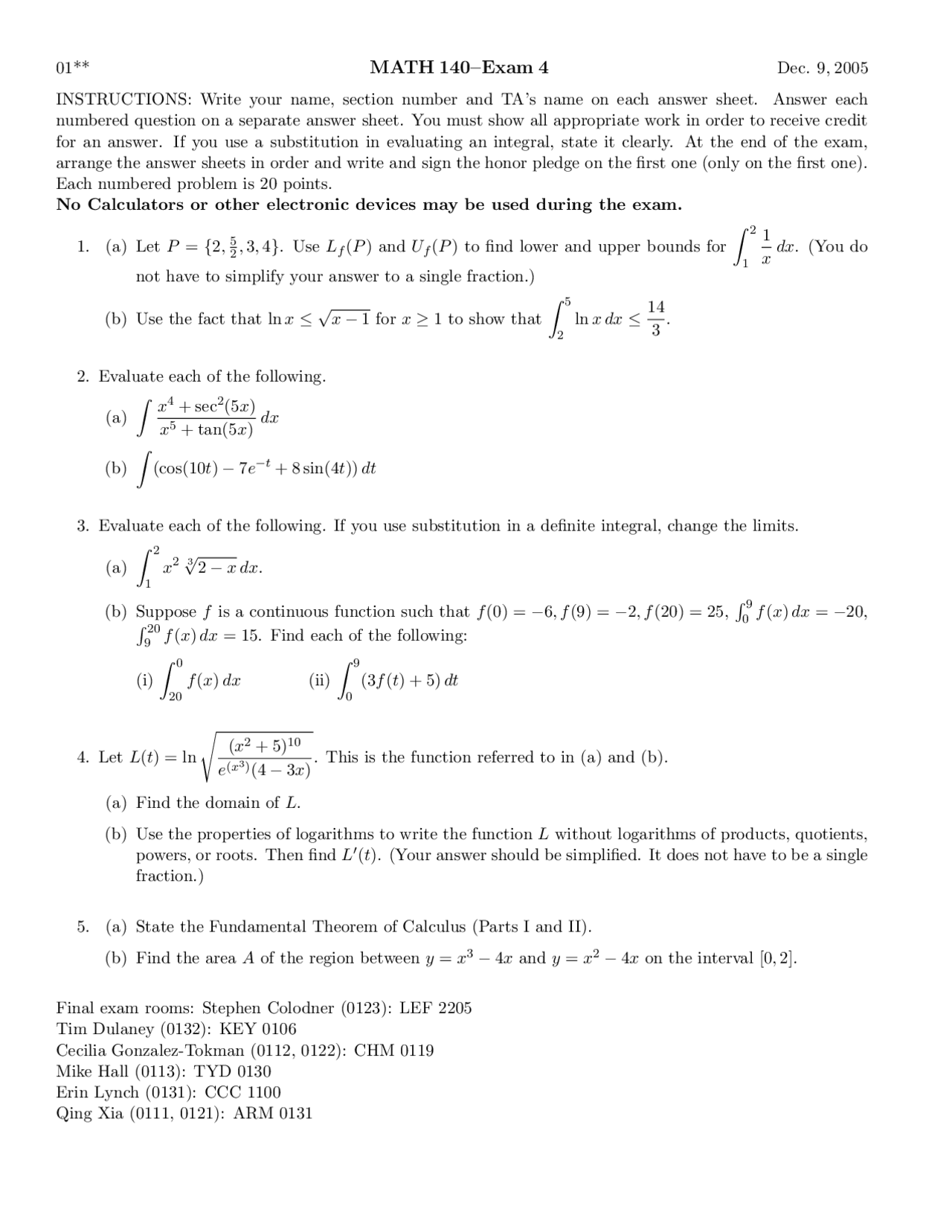 Exam 4 Sample Questions - Calculus I - Fall 2005 | MATH 140 - Docsity