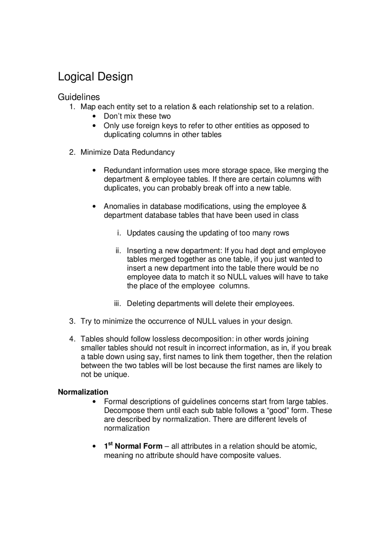 Logical Design | Study Lecture - Database Systems | EEL 4852C - Docsity