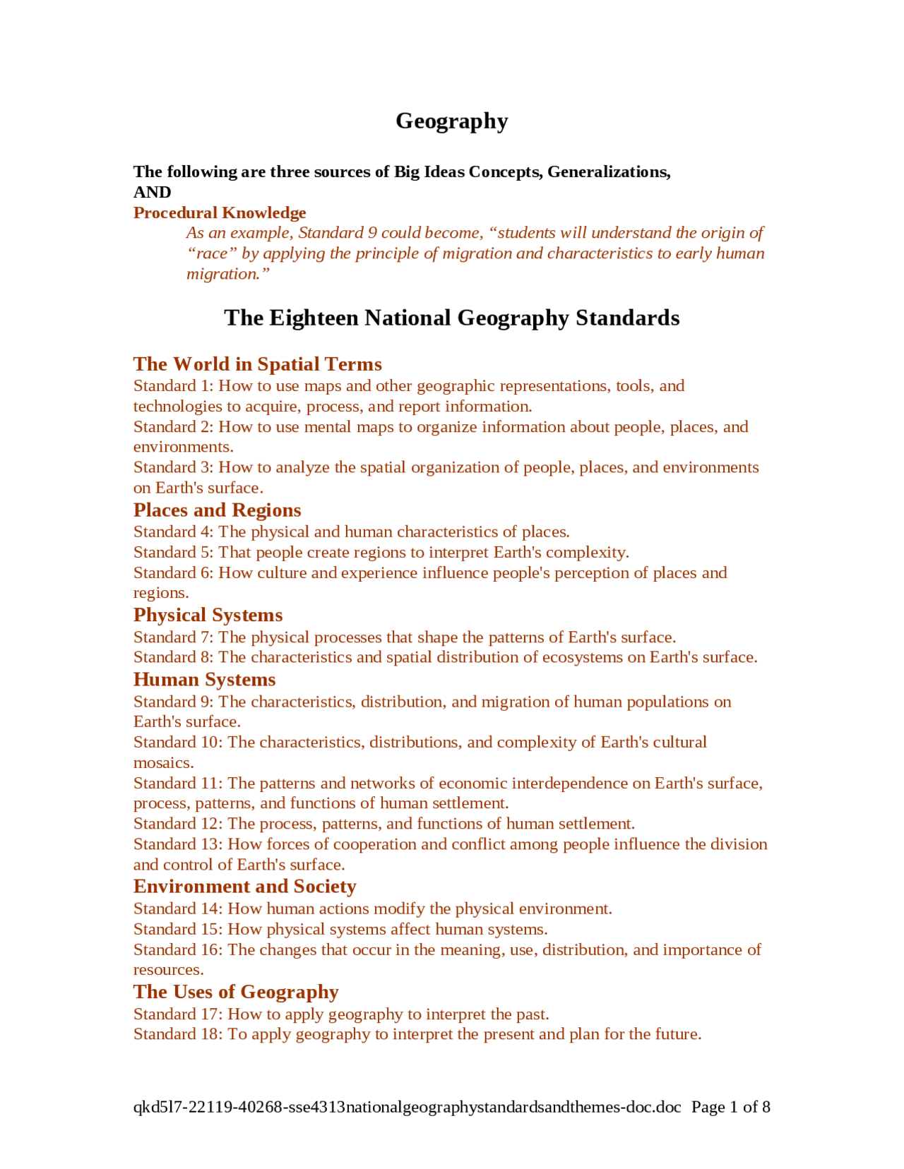 The Eighteen National Geography Standard - Geography | SSE 4313 - Docsity