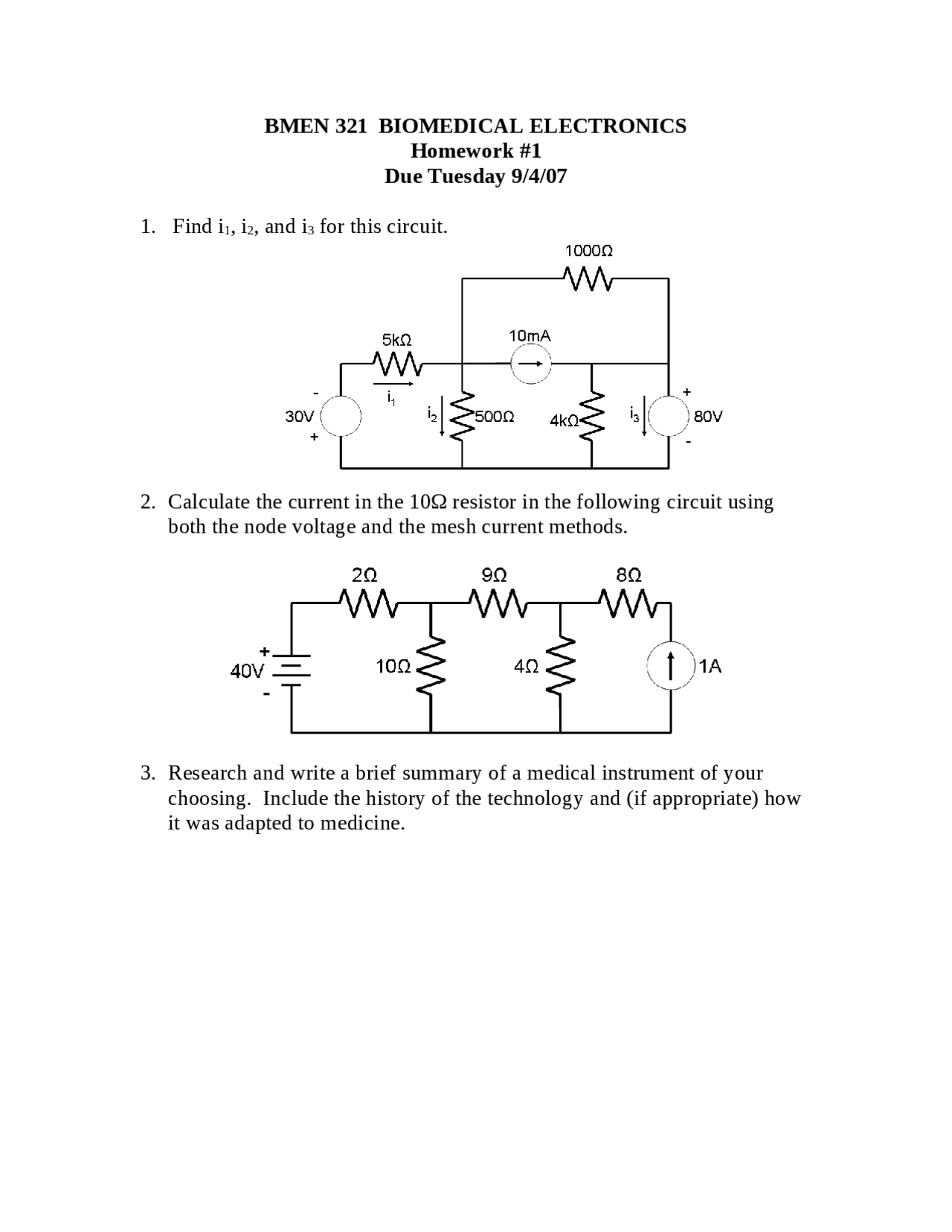 3 Questions of Biomedical Electronics - Assignment 1 | BMEN 321 ...