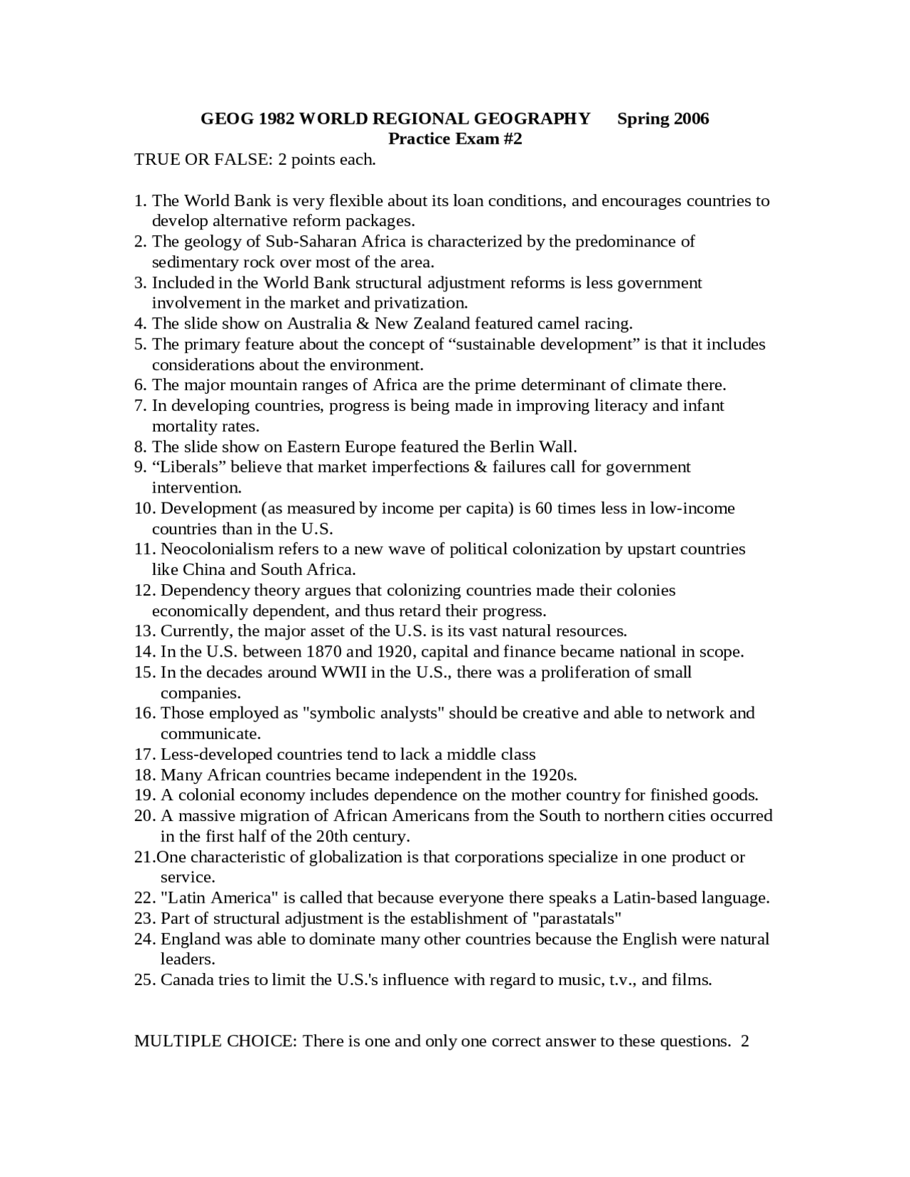 50 MCQs for Practice Exam 2 - World Regional Geography | GEOG 1982 ...