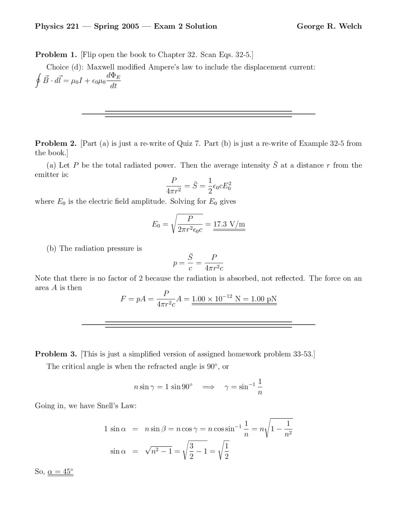 Exam 2 Problems with Solution - Spring 2005 | PHYS 221 - Docsity