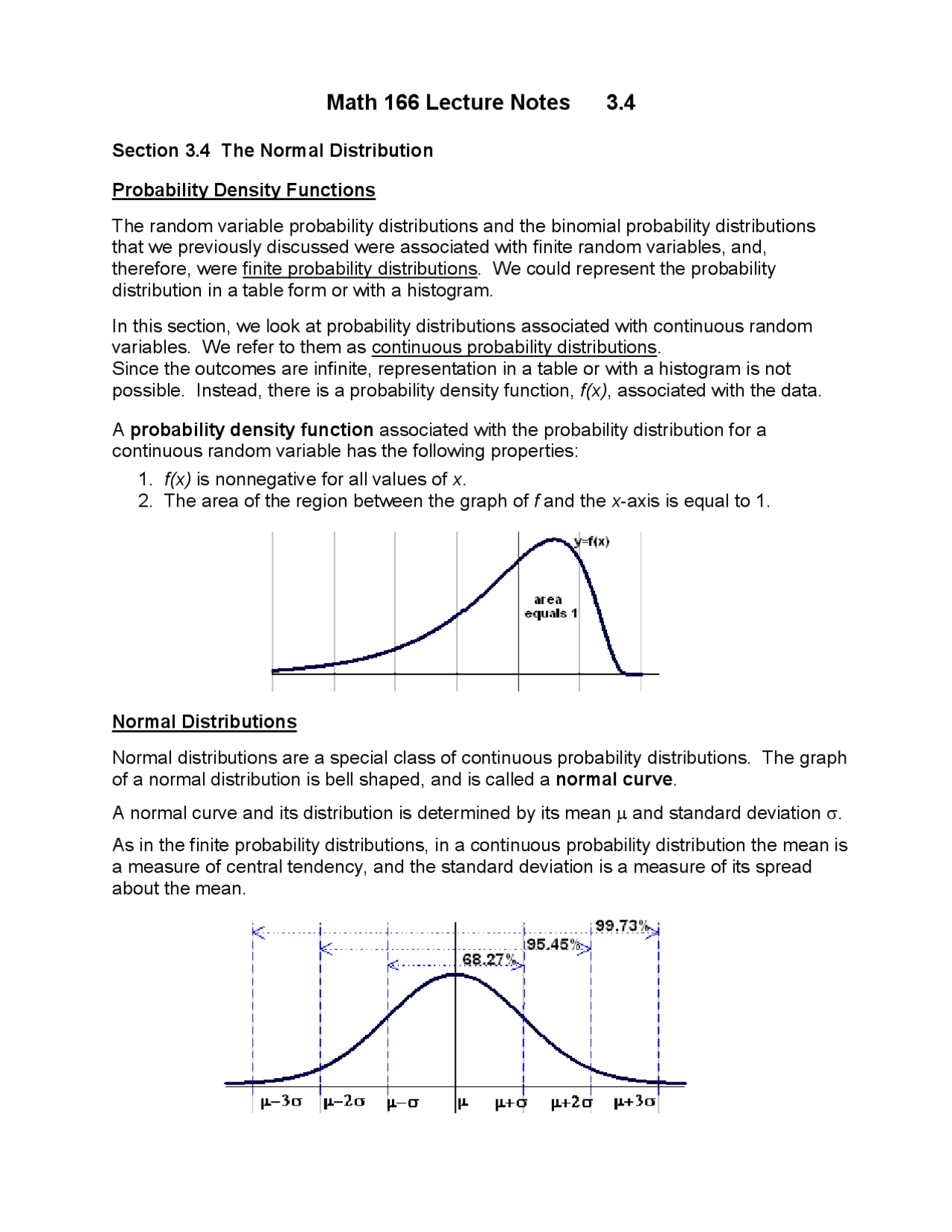 Lecture Note on Normal Distribution | MATH 166 - Docsity