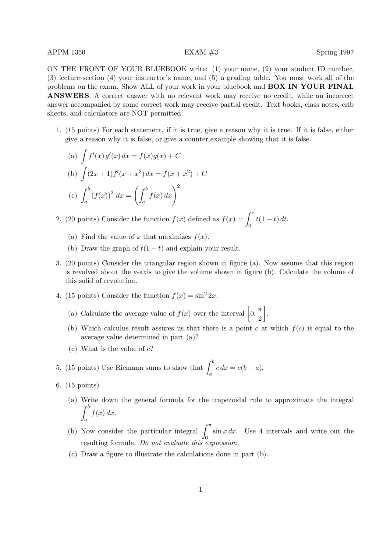 Old Exam 3 Questions Calculus 1 For Life Science Appm 1350 Docsity