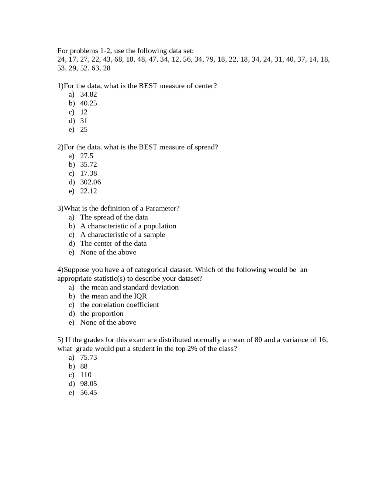 20 Multiple Choice Questions with Key Statistical Methods STAT 303
