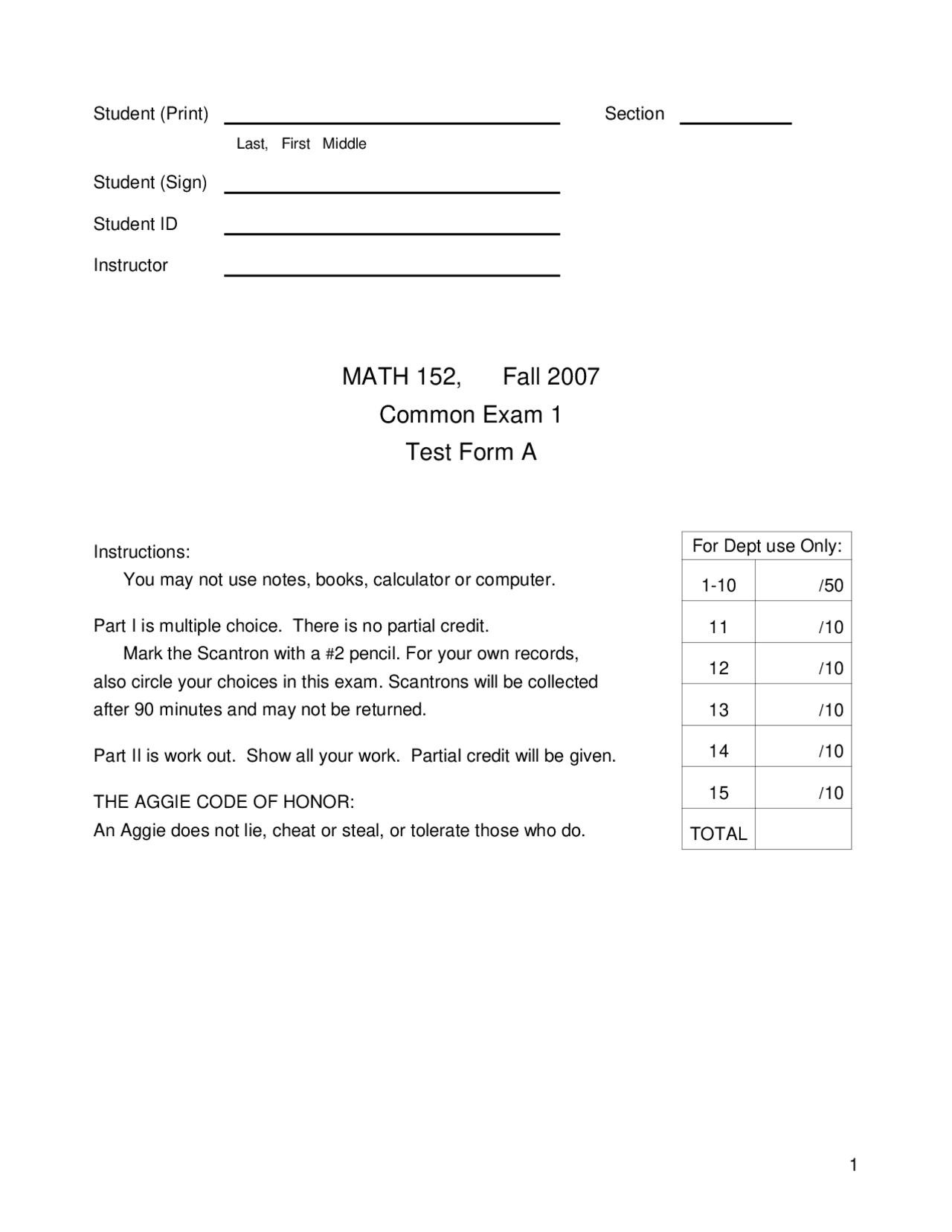 Exam 1 Form A - Honor-Engineering Mathematics II | MATH 152 - Docsity