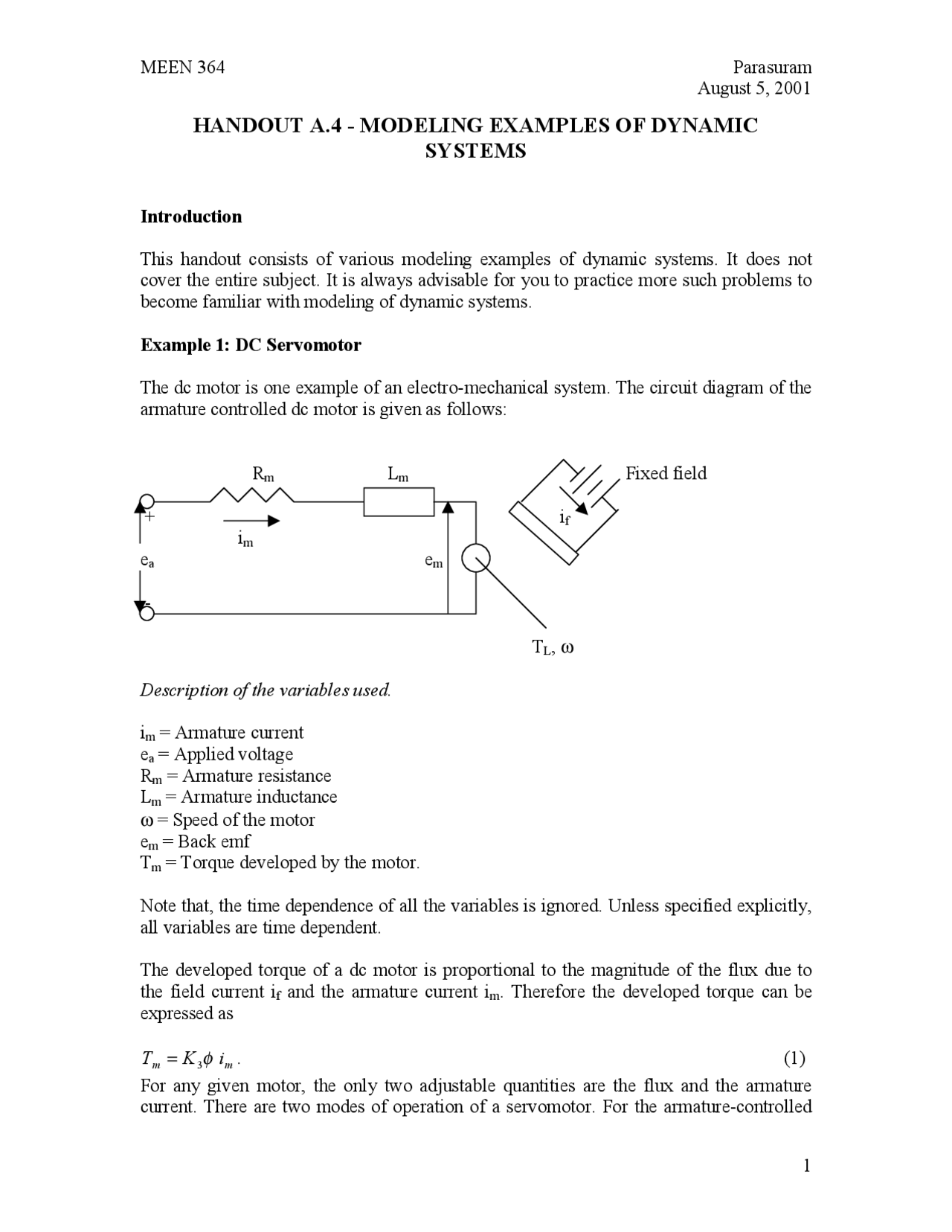 Modeling Examples of Dynamic Systems - Handout 4 | MEEN 651 - Docsity
