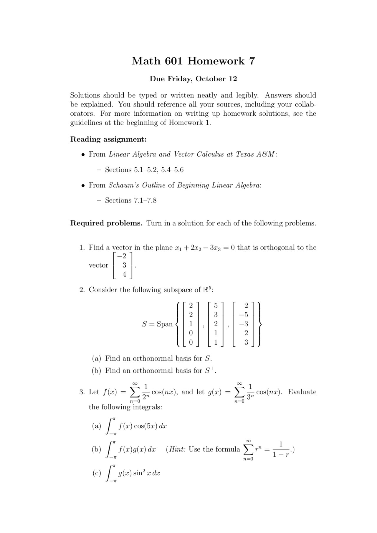 Homework 7 Problems - Methods of Applied Mathematics I | MATH 601 - Docsity
