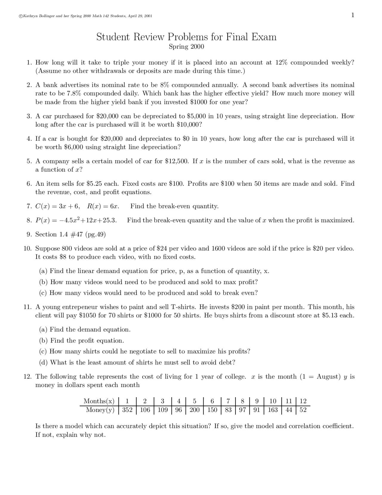Math 142: Spring 2000 Final Exam Review Problems | Exams Mathematics ...