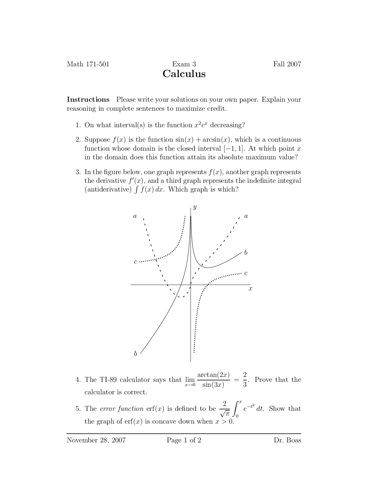 Math 171-501 Exam 3 Calculus Fall 2007 | Exams Analytical Geometry and ...