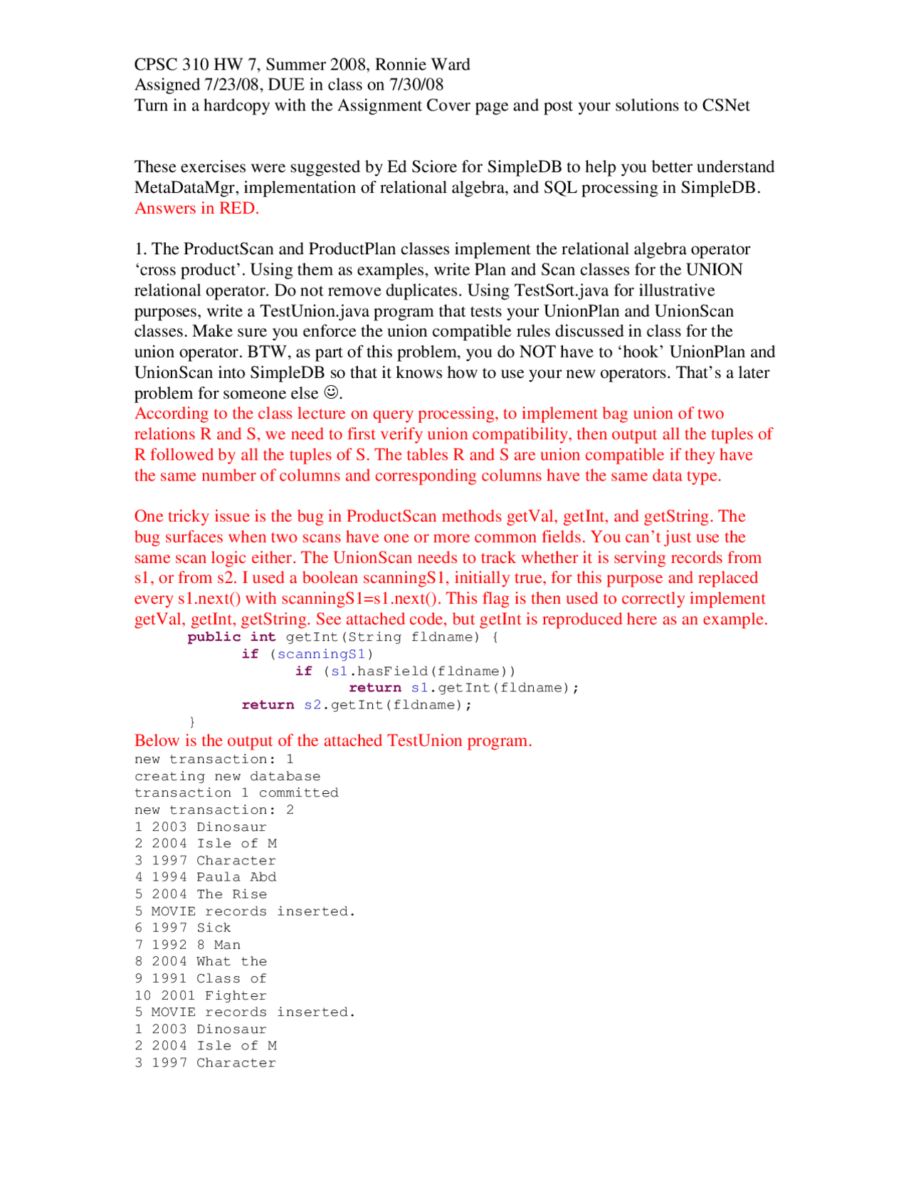 3 Questions with Solution of Database - Assignment 7 | CPSC 310 - Docsity
