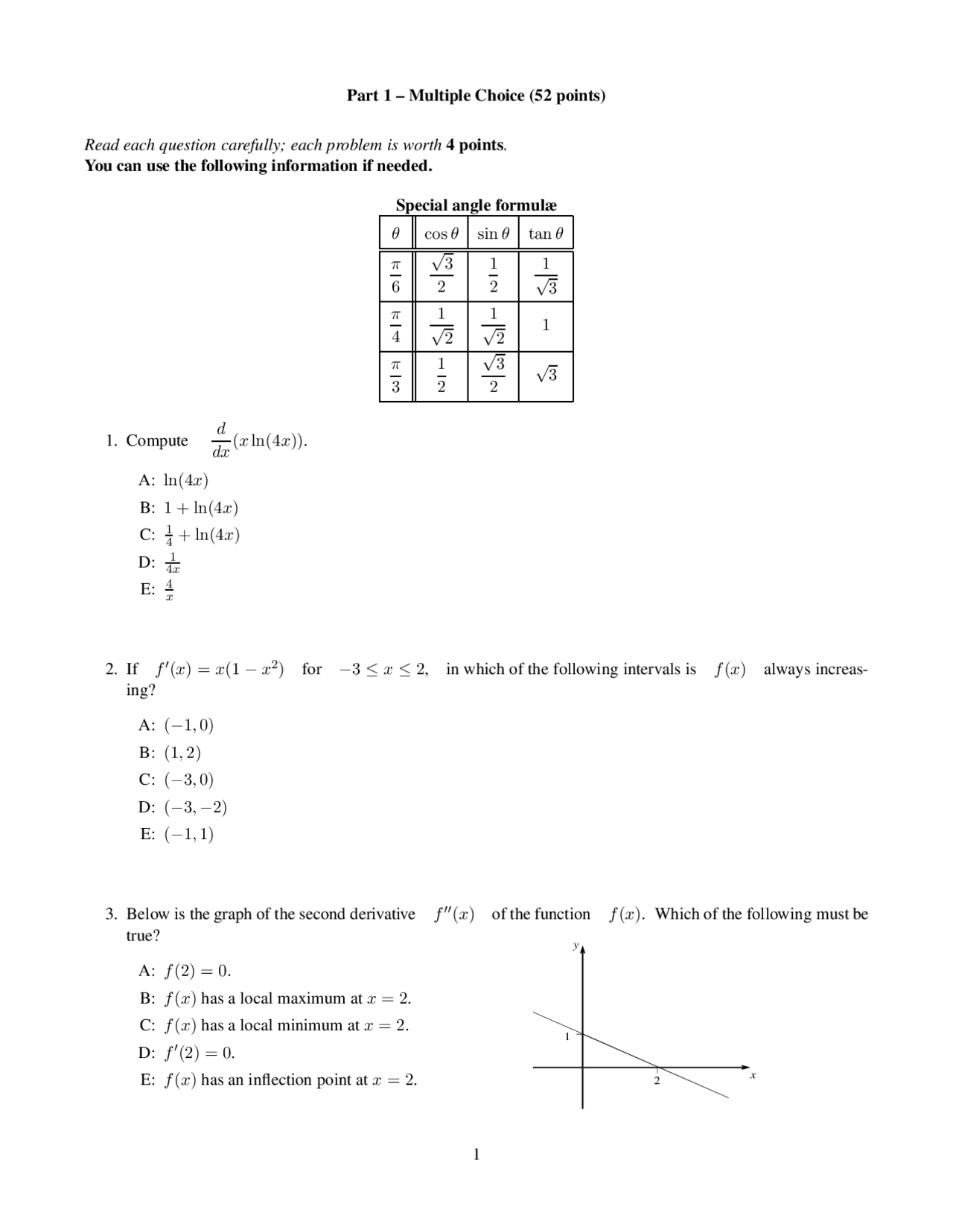 Honor Table Math Honor-Engineering Mathematics I - Practice Exam | MATH 151 - Docsity